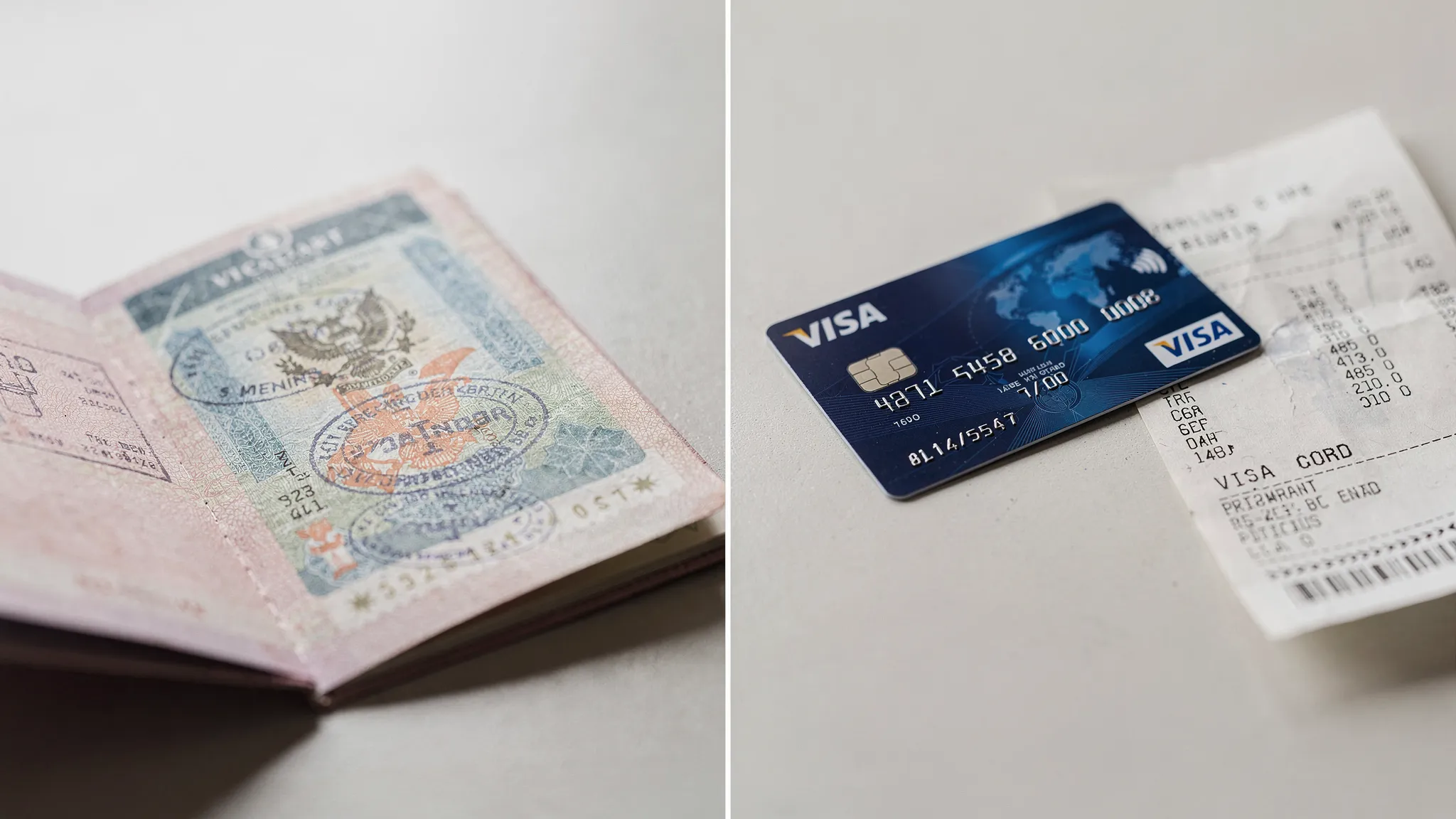 A split illustration showing a passport with an entry visa sticker on one side and a Visa-branded payment card with a receipt on the other, highlighting the difference between travel visas and Visa card payments.