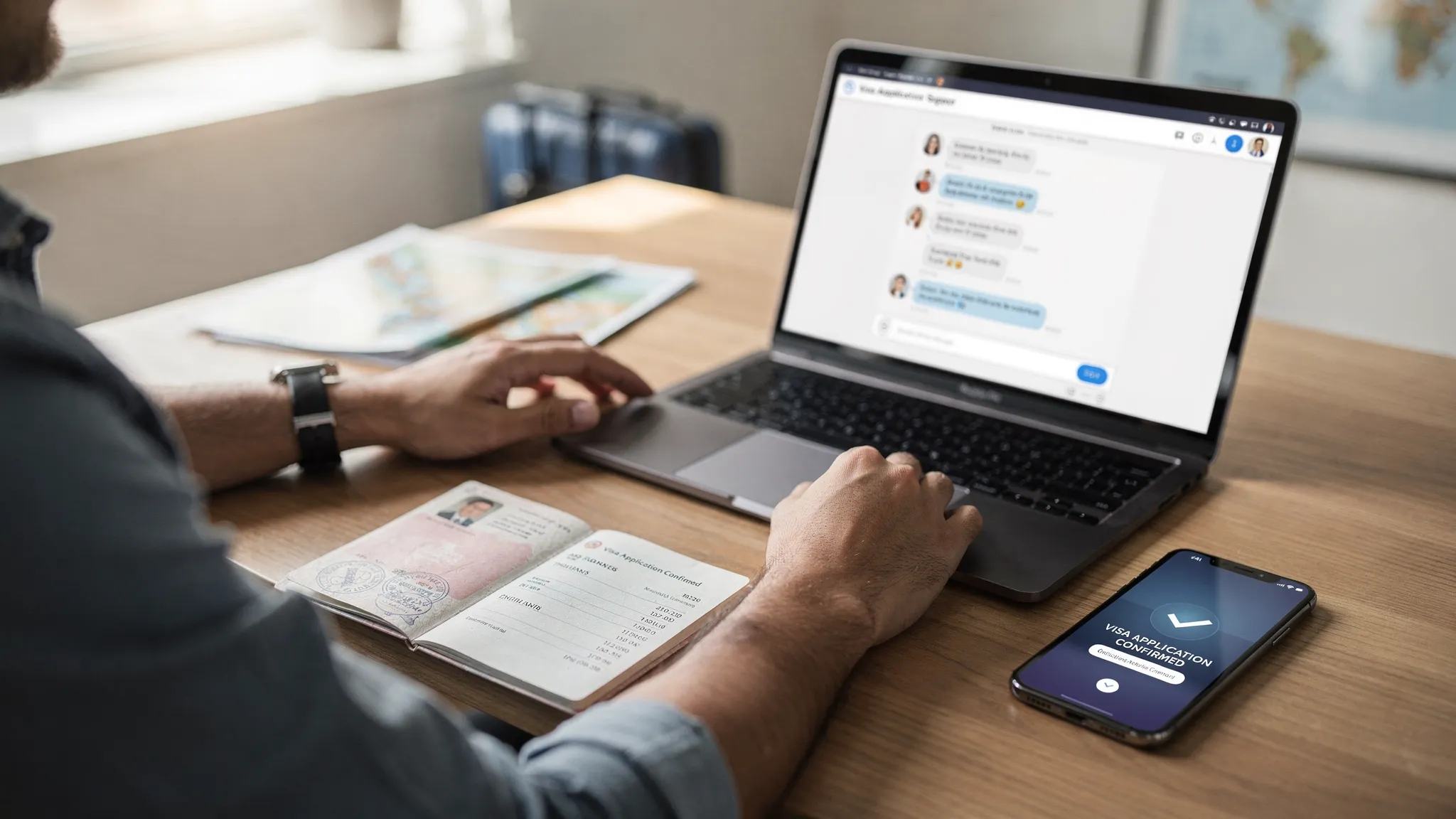 A traveler at a desk with an open passport, printed itinerary, and a laptop showing a visa application help chat window, with a phone nearby displaying an email confirmation screen.
