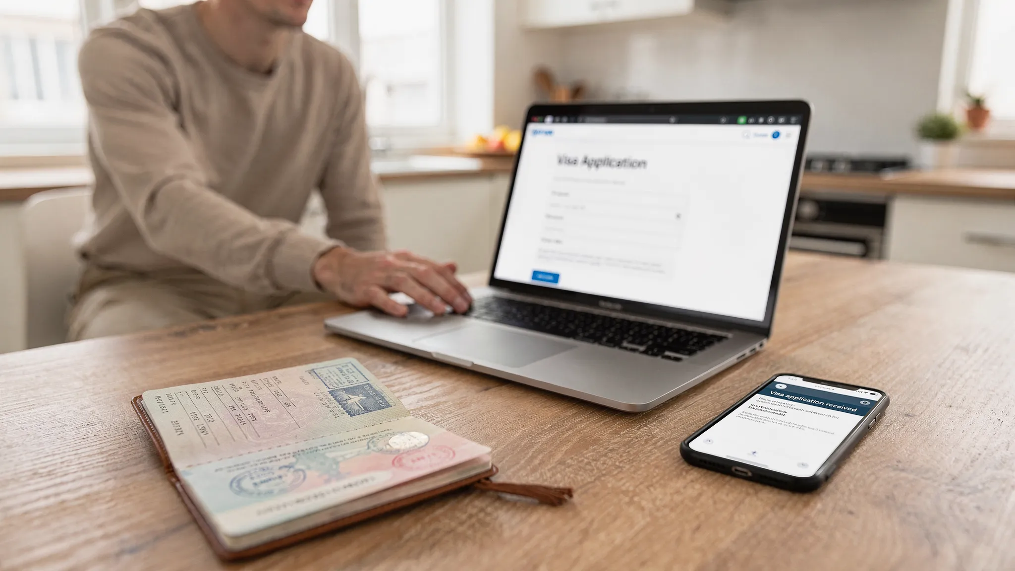 A traveler at a kitchen table with an open passport, printed itinerary, and a laptop showing a visa application form, with a smartphone nearby displaying an email confirmation notification.
