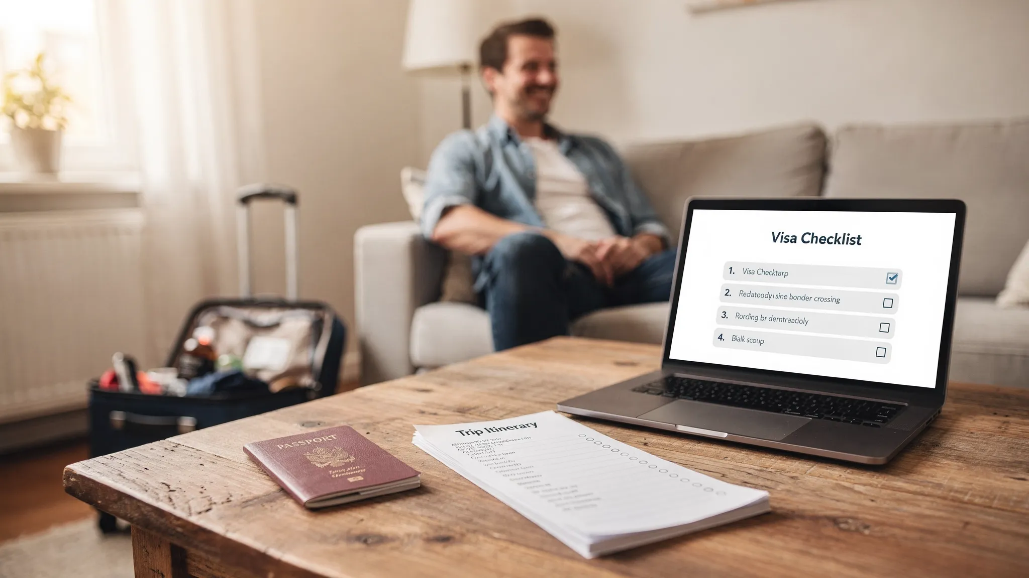 A traveler at home preparing for an international trip, with a passport, a printed itinerary, and a laptop showing a simple step-by-step visa checklist, conveying clarity and reduced stress before border crossing.