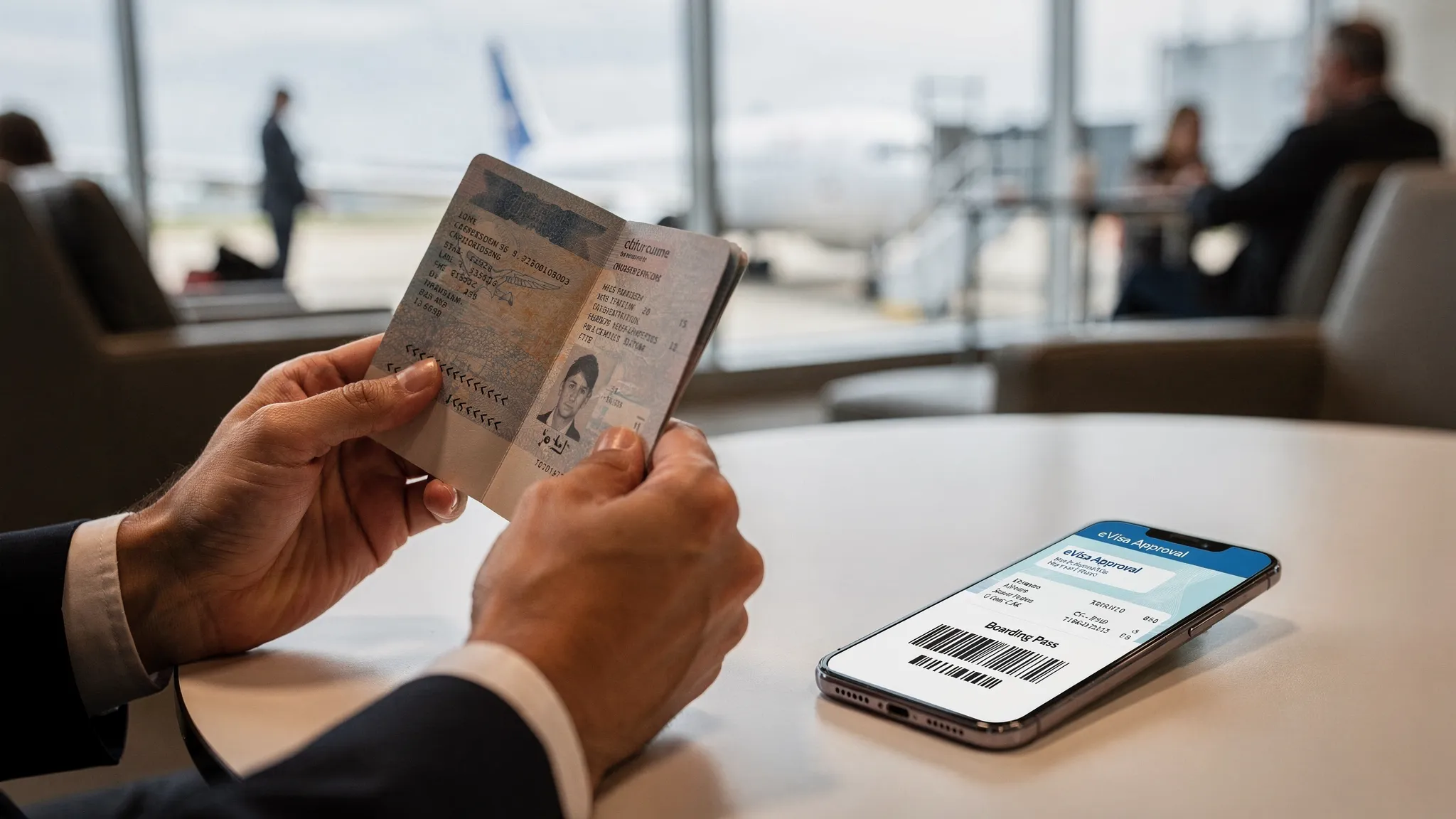 A traveler holding an open passport with a smartphone nearby, showing digital travel documents like an eVisa confirmation and a boarding pass, emphasizing the link between passport details and electronic authorizations.