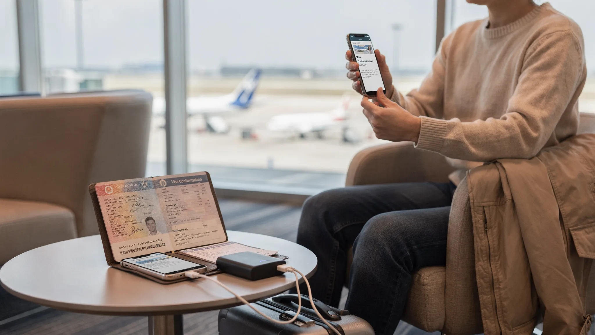 A traveler in an airport lounge holding an open passport and a smartphone showing a digital visa confirmation email, with a small folder of printed documents and a power bank on the table.
