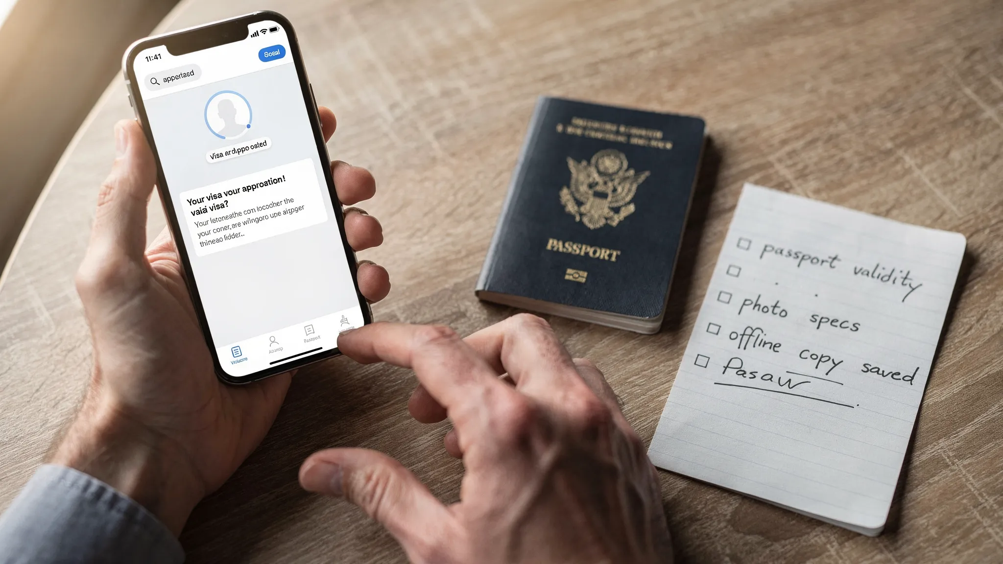 Close-up of a traveler double-checking a digital visa approval on a smartphone next to a passport, with a short checklist showing items like “passport validity,” “photo specs,” and “offline copy saved.”