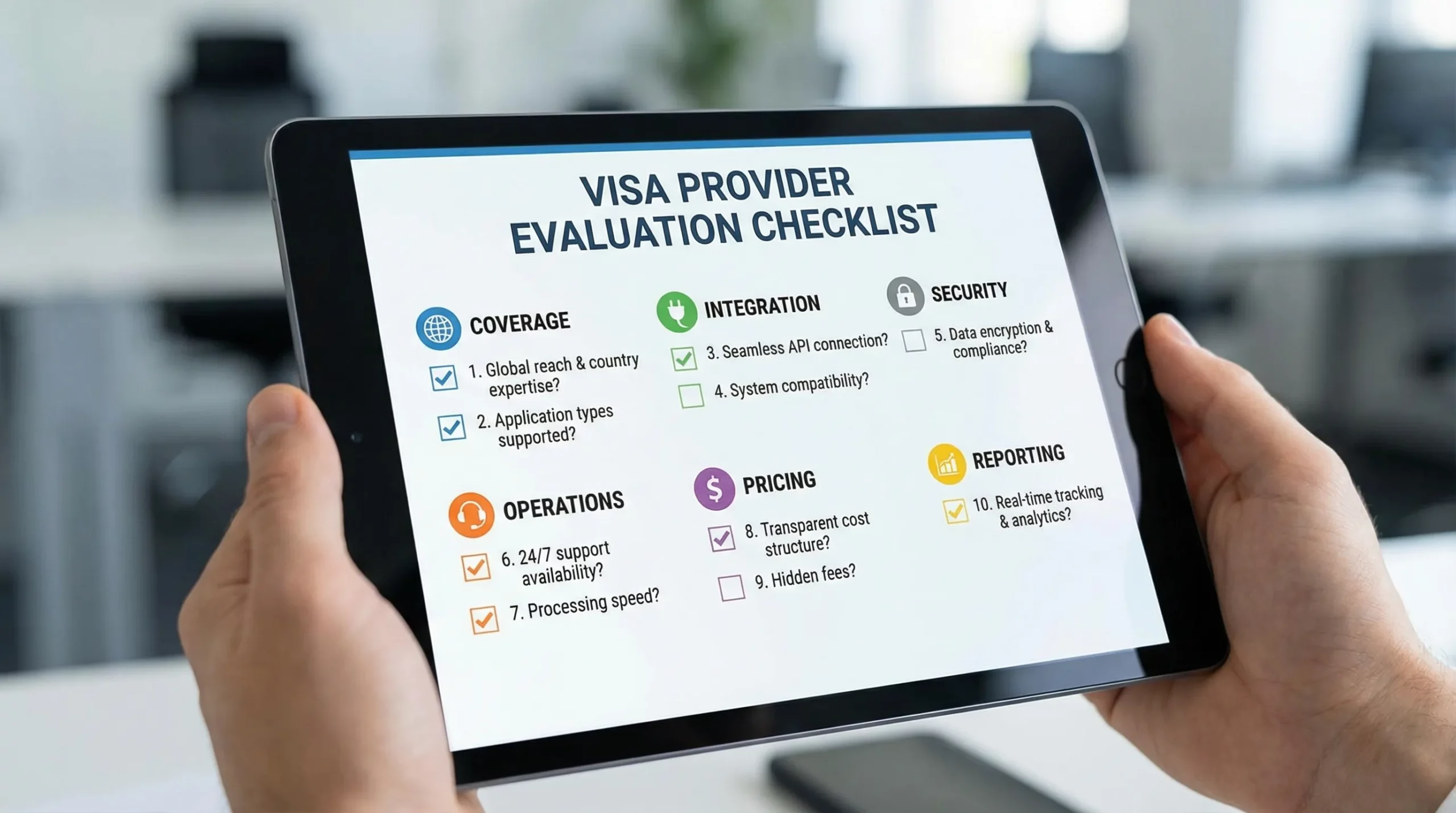 A clean checklist-style graphic showing a travel company evaluating a visa provider with 10 questions grouped into categories: coverage, integration, security, operations, pricing, and reporting, with icons like a globe, plug, lock, headset, dollar sign, and chart.
