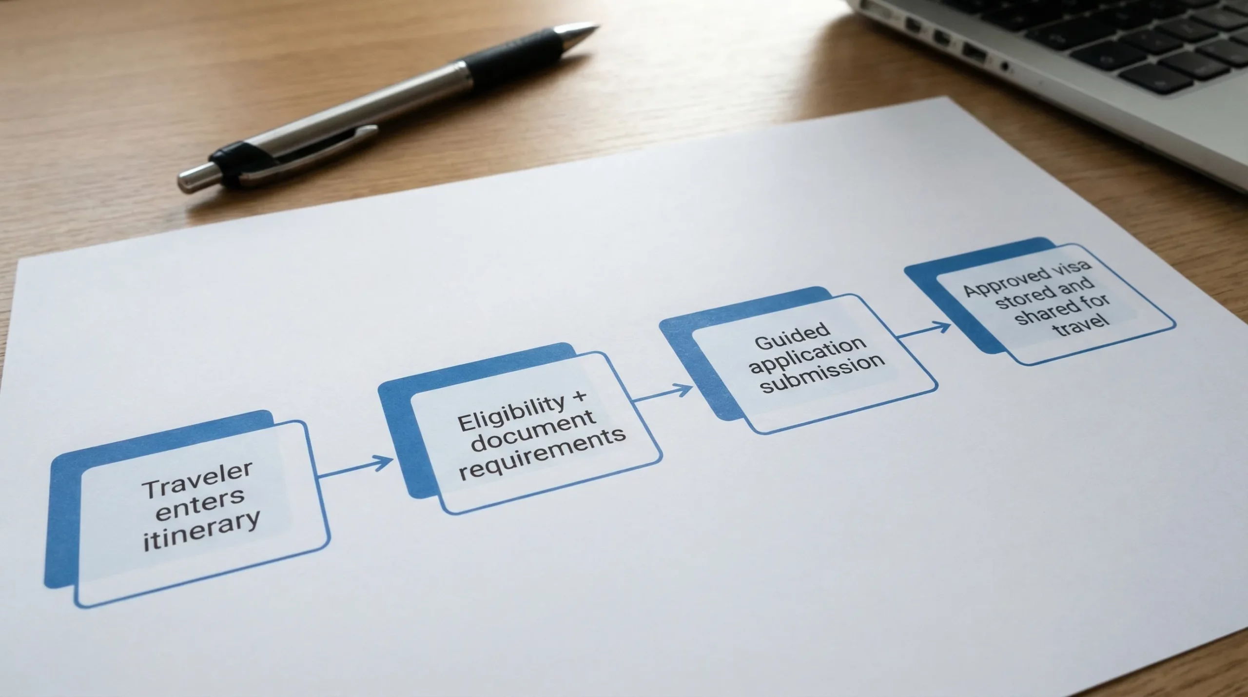 A clean flowchart with four boxes connected by arrows: “Traveler enters itinerary” → “Eligibility + document requirements” → “Guided application submission” → “Approved visa stored and shared for travel”.