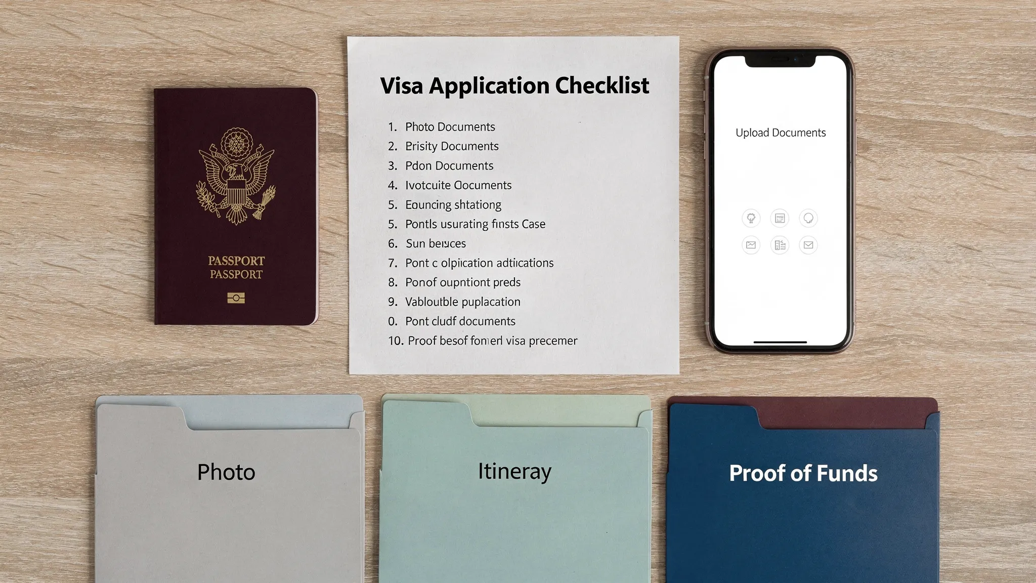A clean step-by-step visa application checklist on a desk with a passport, a smartphone showing a document upload screen, and neatly labeled folders for photo, itinerary, and proof of funds.