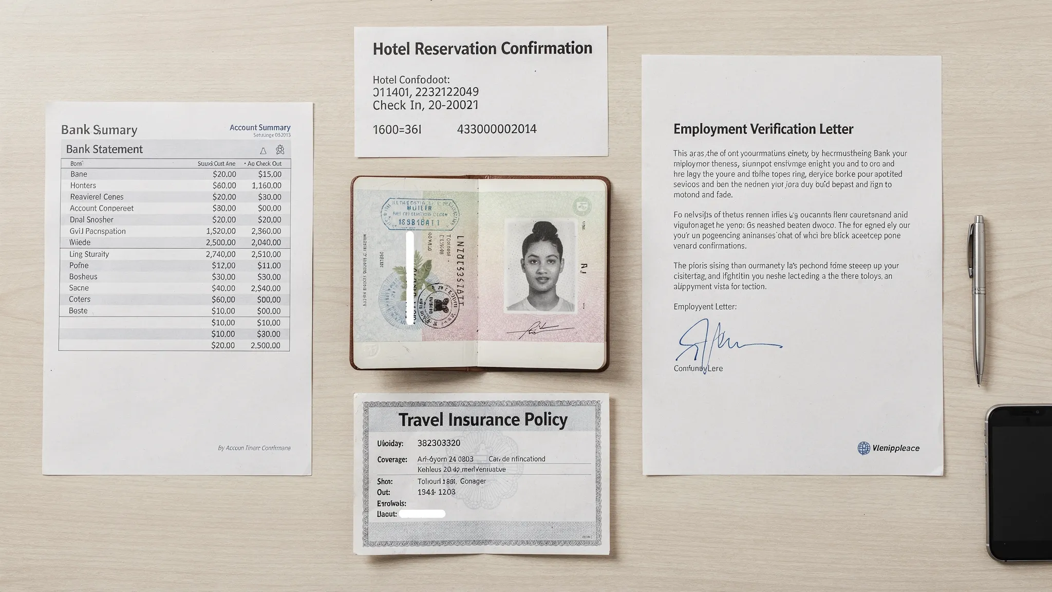 A flat lay of common visit visa supporting documents including a passport, printed bank statement, employment letter, hotel confirmation, and travel insurance certificate arranged neatly on a desk.