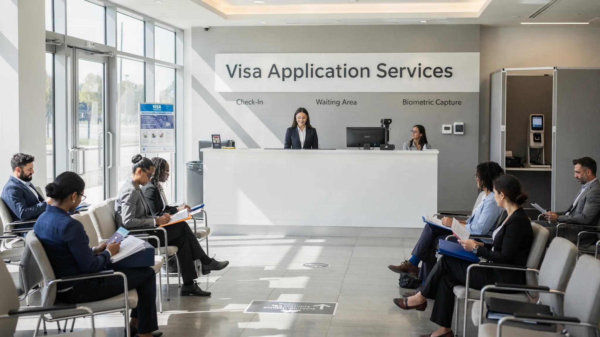 A modern visa application services center reception area with clear signage, a check-in desk, seating for applicants with document folders, and a separate biometric capture area in the background.