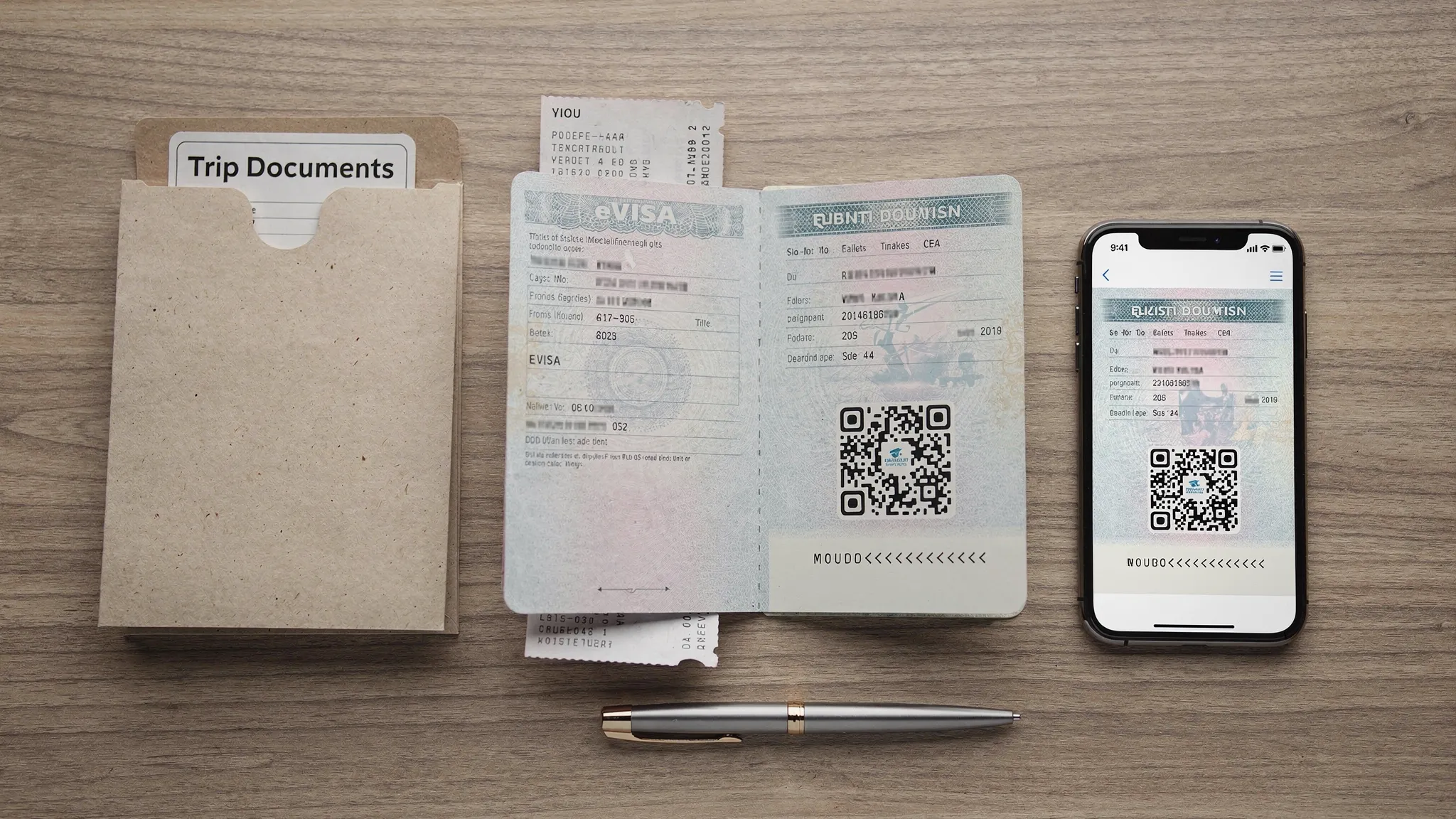 A neatly organized travel document layout on a desk, including a passport, a printed eVisa page with a visible QR code, a phone showing the same PDF, and a labeled folder titled “Trip Documents”.