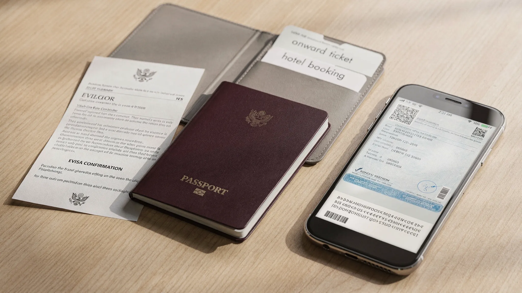 A neatly organized travel document pack on a table: a passport, printed eVisa confirmation page, phone displaying a digital PDF copy, and a folder labeled “onward ticket” and “hotel booking.”