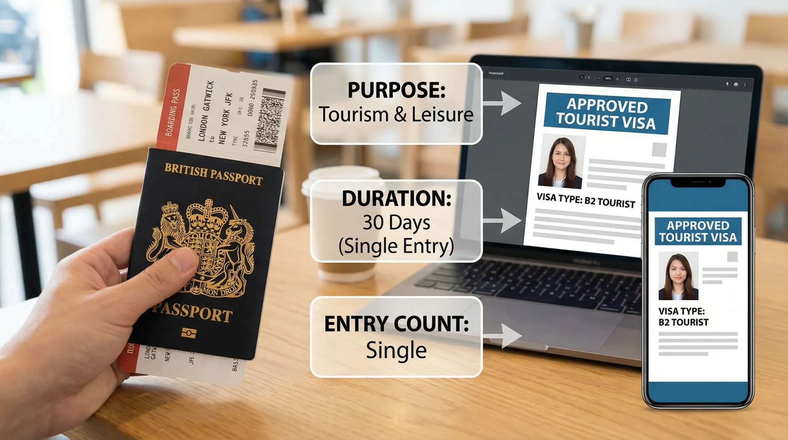 A simple comparison scene showing a traveler holding a passport and boarding pass on one side, and a laptop/phone displaying an approved “Tourist Visa” document on the other side, with callouts for Purpose, Duration, and Entry count.