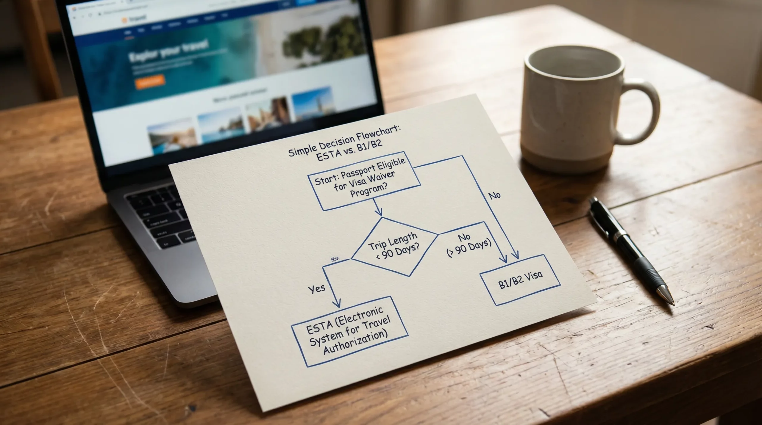 A simple decision flowchart showing the choice between ESTA and B1/B2: start with passport eligibility for Visa Waiver Program, then trip length under or over 90 days, and finally the result pointing to ESTA or B1/B2.