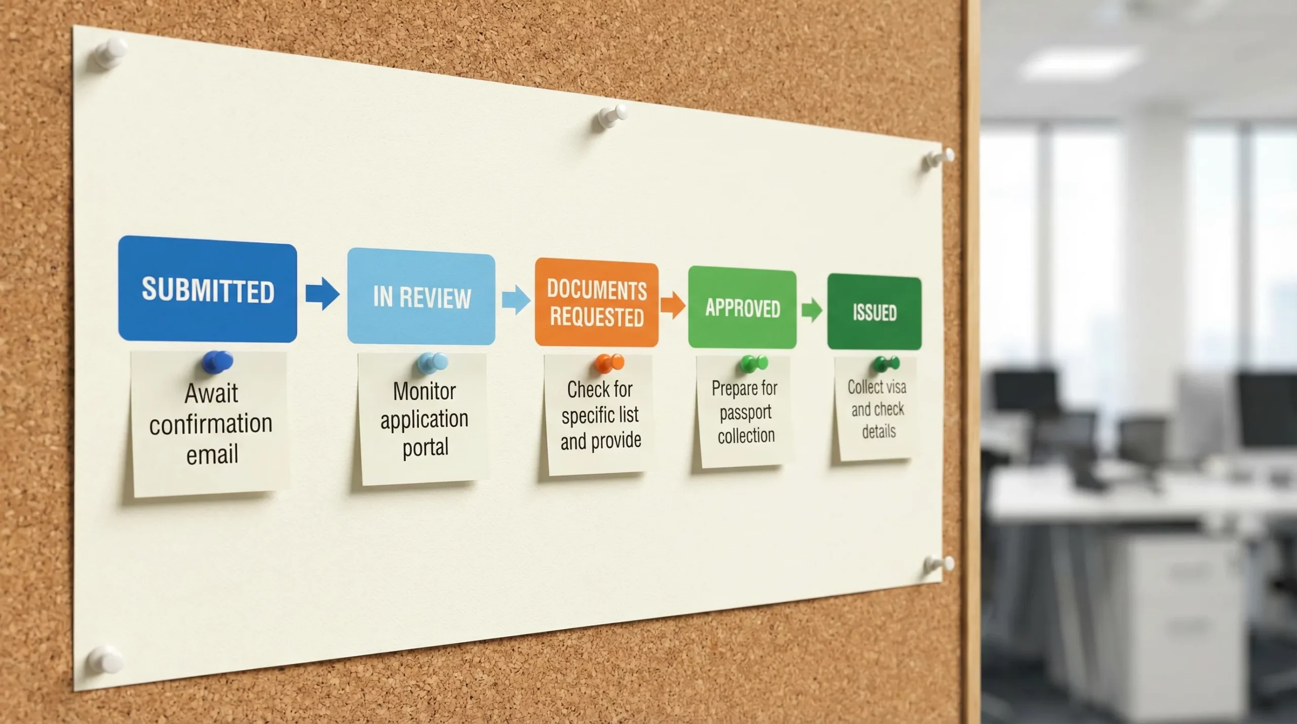 A simple flow graphic showing five visa status stages: Submitted, In Review, Documents Requested, Approved, Issued, with a short note under each about the traveler’s next action.