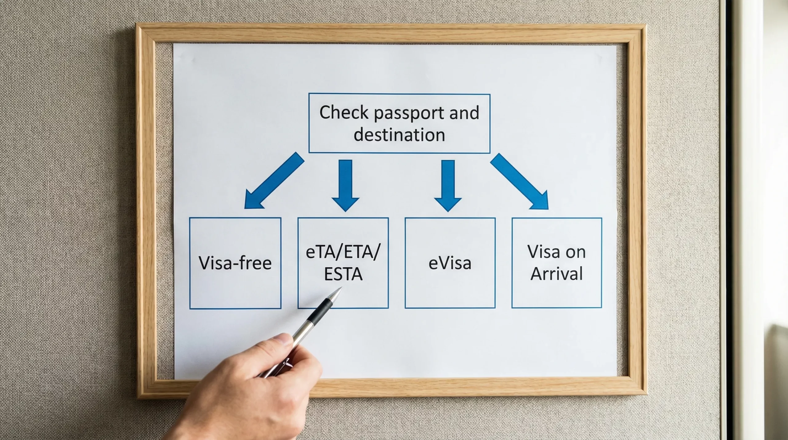 A simple four-box flowchart showing last-minute entry options: Visa-free, eTA/ETA/ESTA, eVisa, Visa on Arrival, with arrows from “Check passport and destination” to each option.