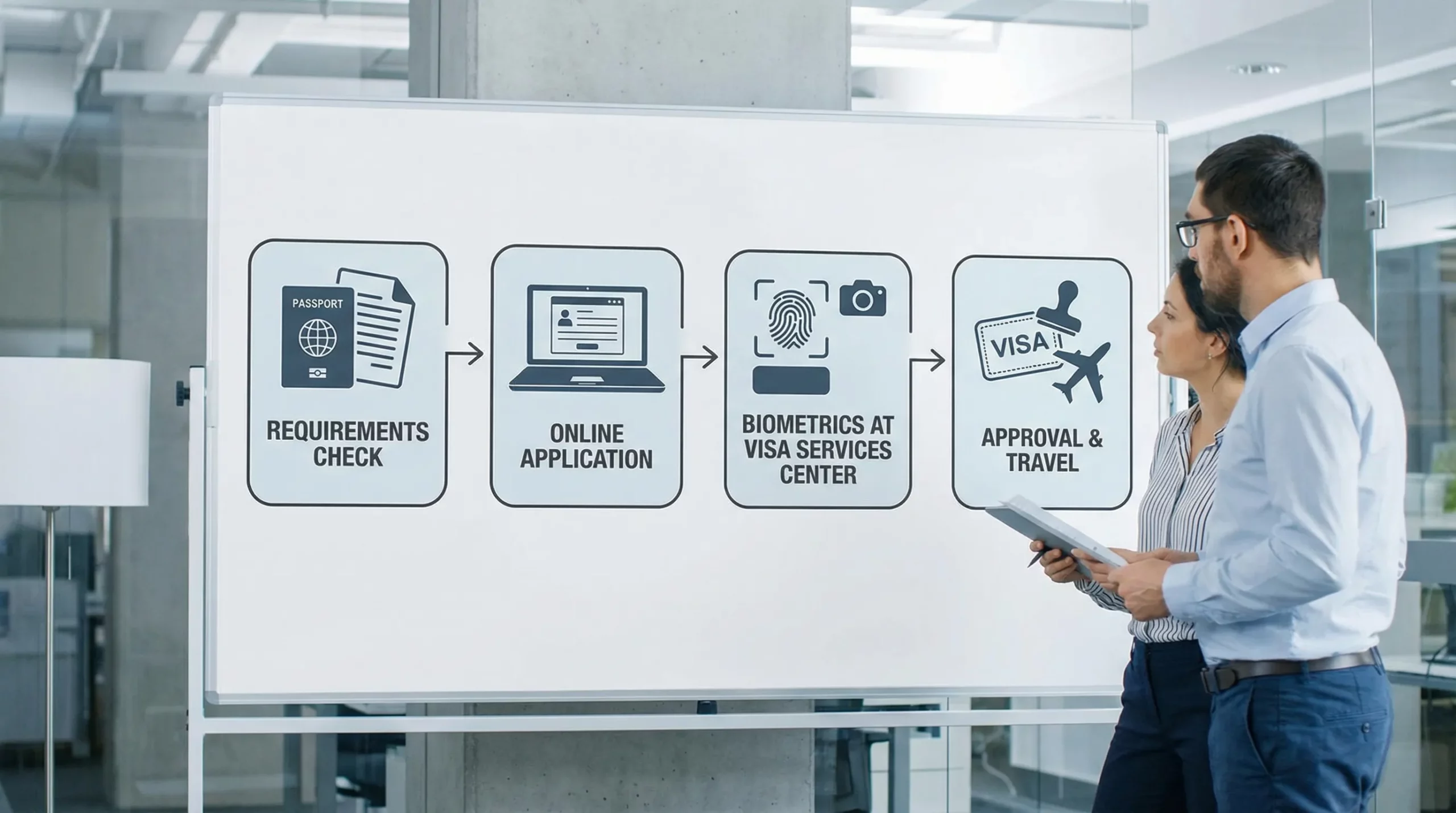 A simple four-step diagram showing a traveler journey: requirements check, online application, biometrics at a visa services center, then approval and travel.