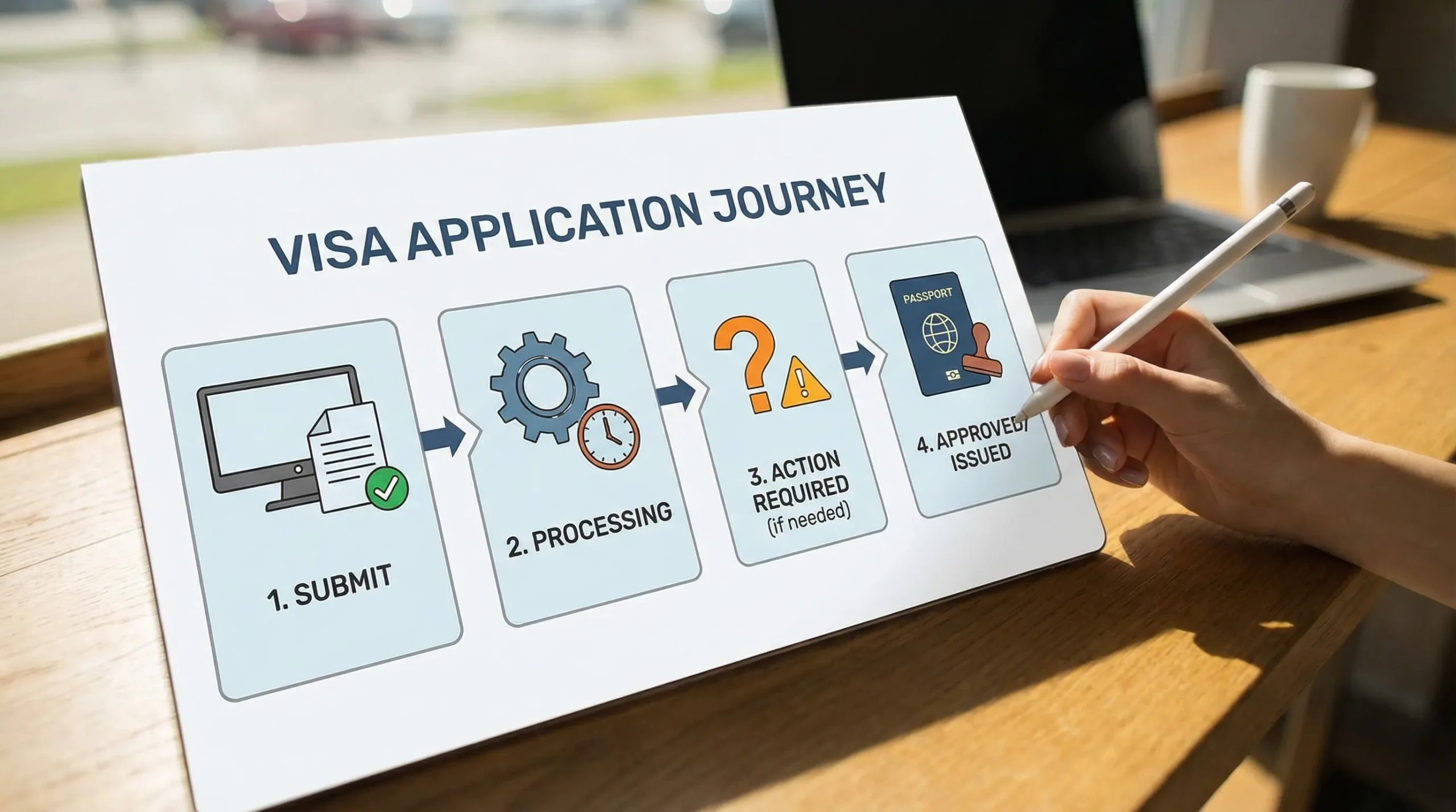 A simple four-step diagram showing a visa application journey: Submit, Processing, Action Required (if needed), Approved/Issued, with icons for each stage to illustrate typical status transitions.
