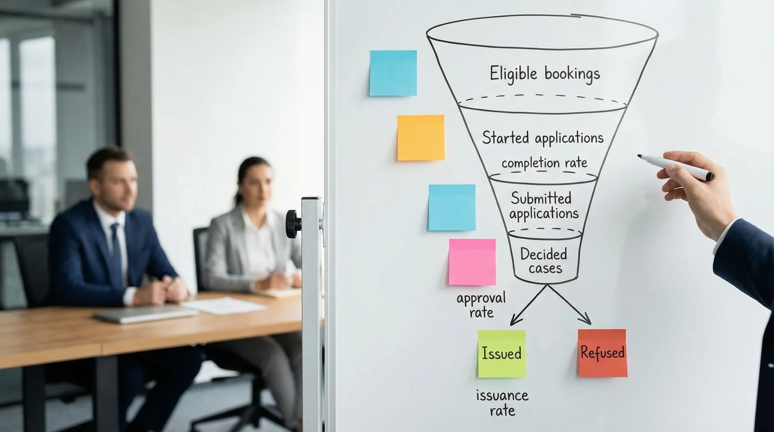 A simple funnel diagram showing stages from Eligible bookings to Started applications to Submitted applications to Decided cases, ending in Issued and Refused outcomes, with labels for completion rate, approval rate, and issuance rate at different points.
