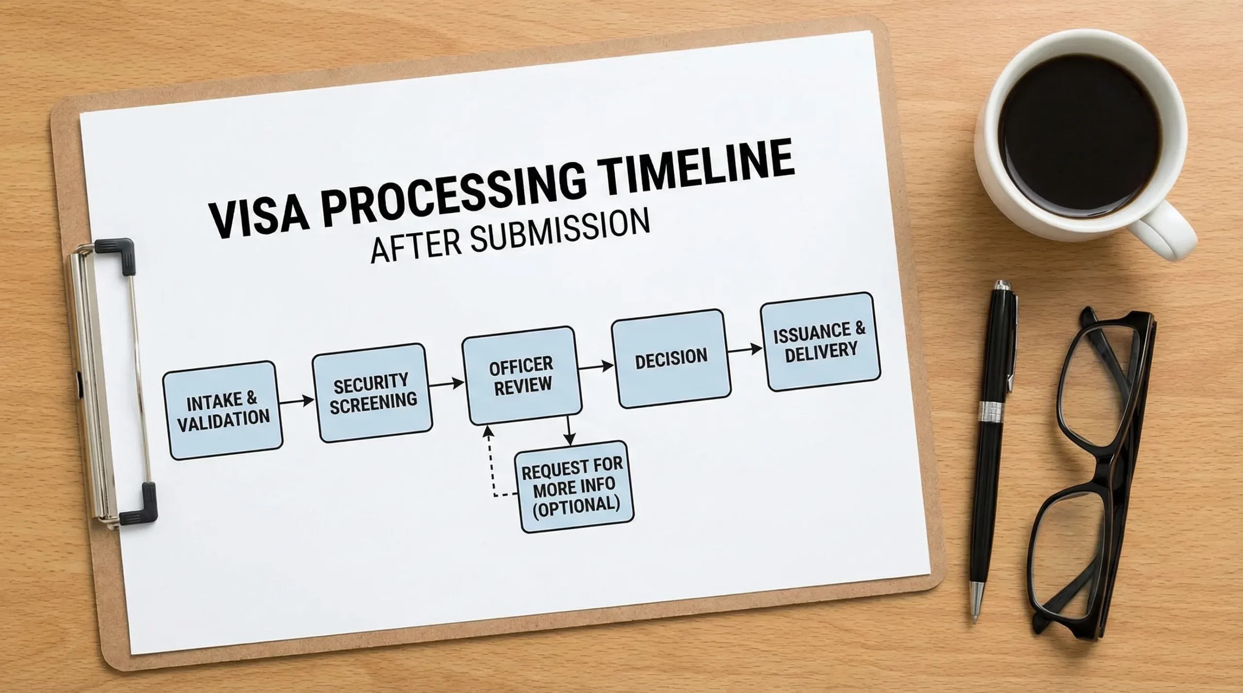 A simple timeline diagram showing visa processing stages after submission: Intake and validation, Security screening, Officer review, Request for more info (optional), Decision, Issuance and delivery.