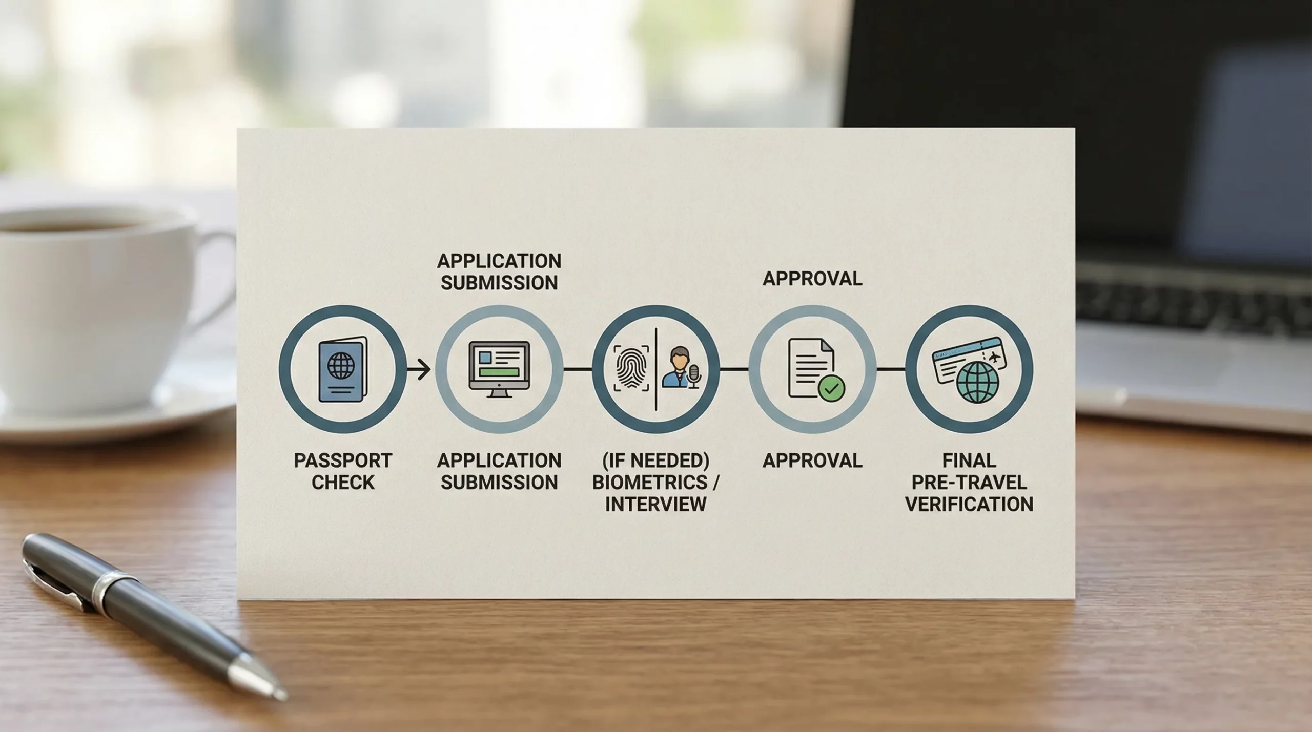 A simple timeline graphic showing visa milestones from passport check to application submission, biometrics/interview (if needed), approval, and final pre-travel verification.