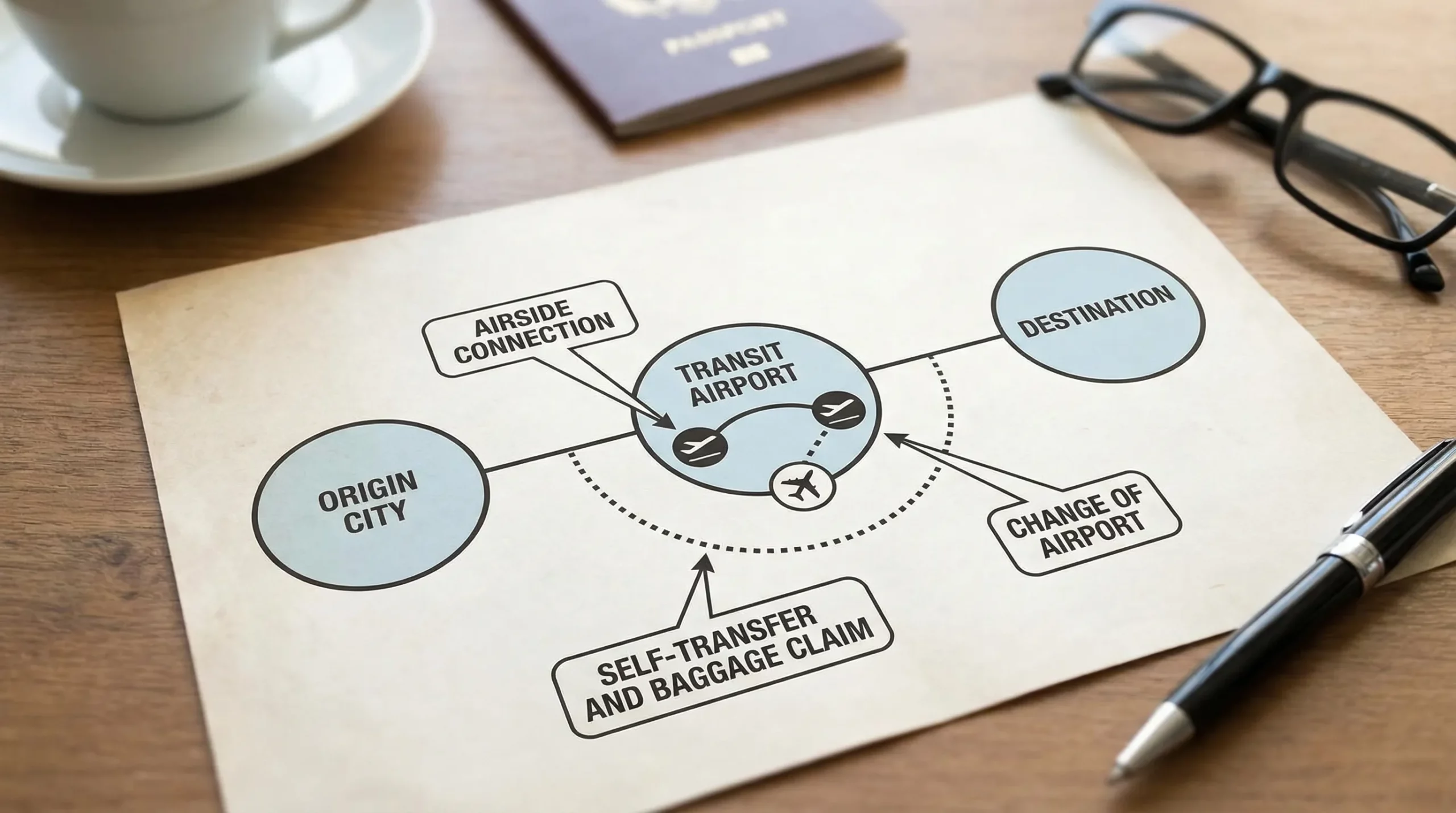 A simple travel route diagram showing an origin city, a transit airport, and a destination, with callouts for “airside connection,” “self-transfer and baggage claim,” and “change of airport,” to illustrate when transit becomes an entry.