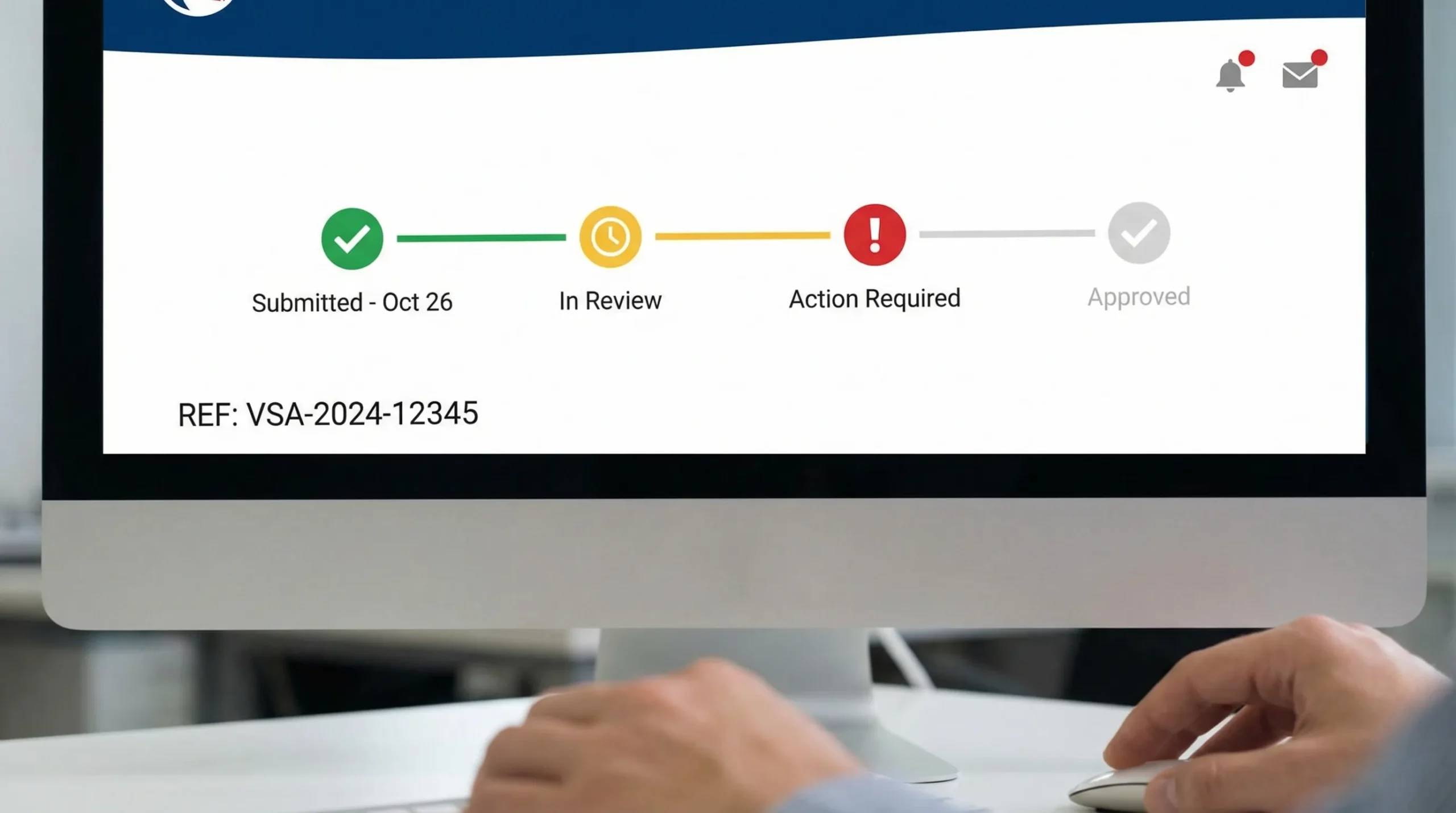 A simple visual showing an online visa status tracker timeline: Submitted, In Review, Action Required, Approved, with a reference number and notification icons.