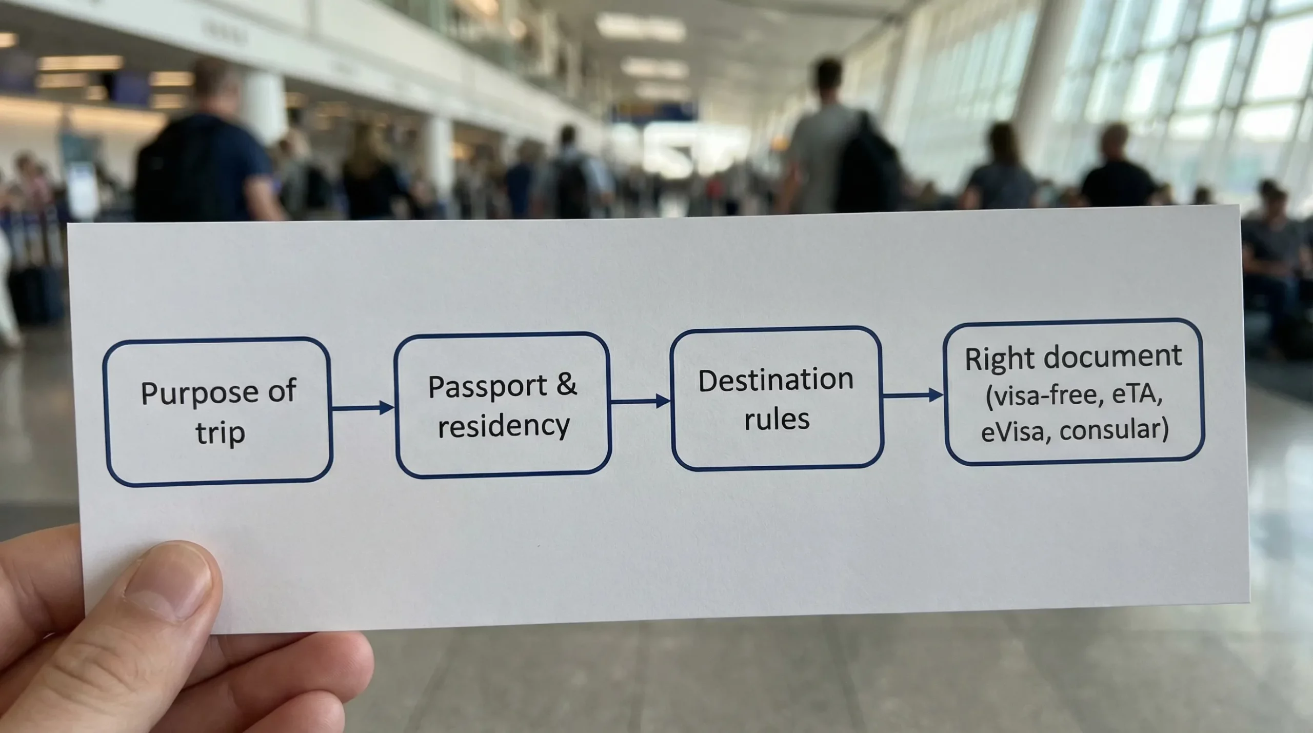 A simplified flow diagram with four labeled boxes: “Purpose of trip” → “Passport & residency” → “Destination rules” → “Right document (visa-free, eTA, eVisa, consular)”.