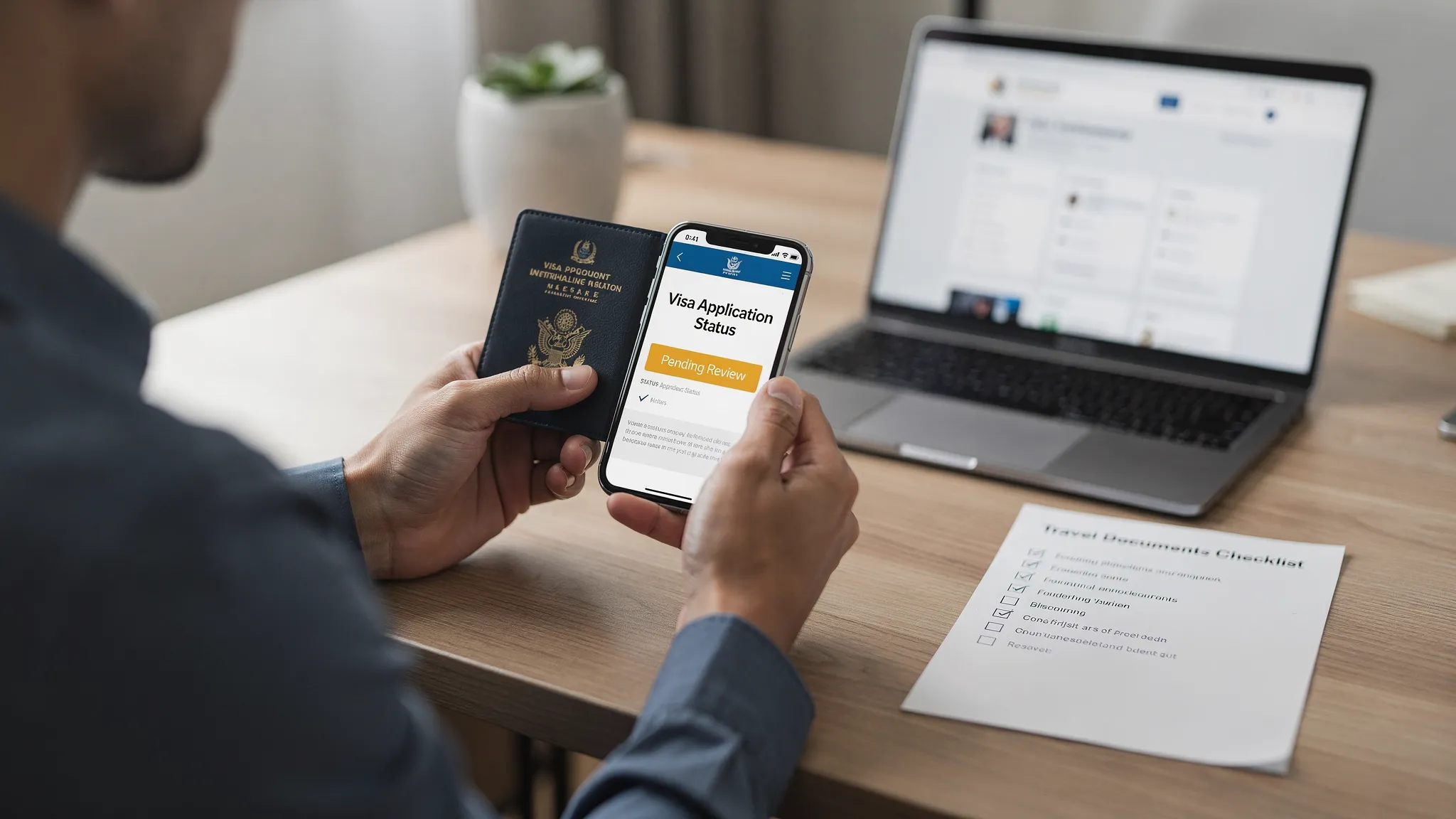 A traveler at a desk comparing a passport to a phone showing a visa application status screen, with a simple checklist and a laptop nearby to suggest verification and troubleshooting.