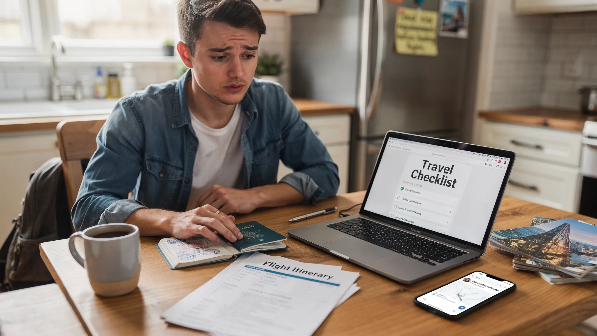A traveler at a kitchen table comparing a passport, a printed flight itinerary, and a laptop checklist, with a phone showing an email confirmation. The scene clearly suggests “check visa requirements before booking flights.”