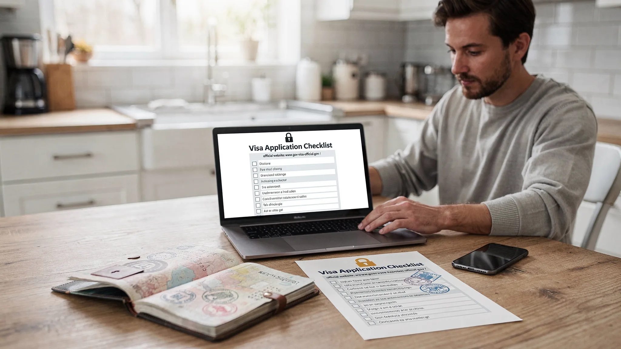 A traveler at a kitchen table with a passport, laptop, and phone, reviewing a secure online visa checklist with a padlock icon and a clear “official website” domain shown on paper.