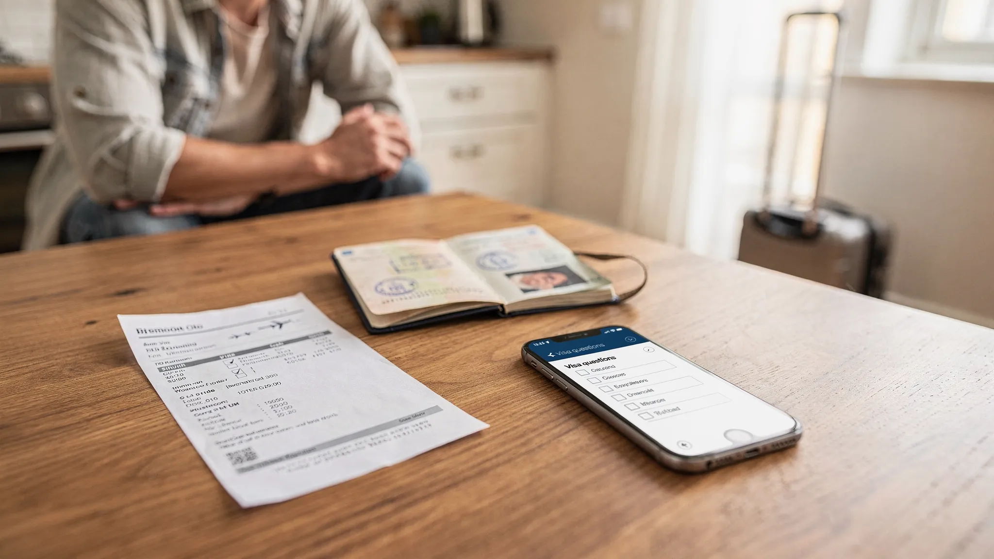 A traveler at a kitchen table with an open passport, printed flight itinerary, and a phone showing a checklist of visa questions, with a suitcase in the background.