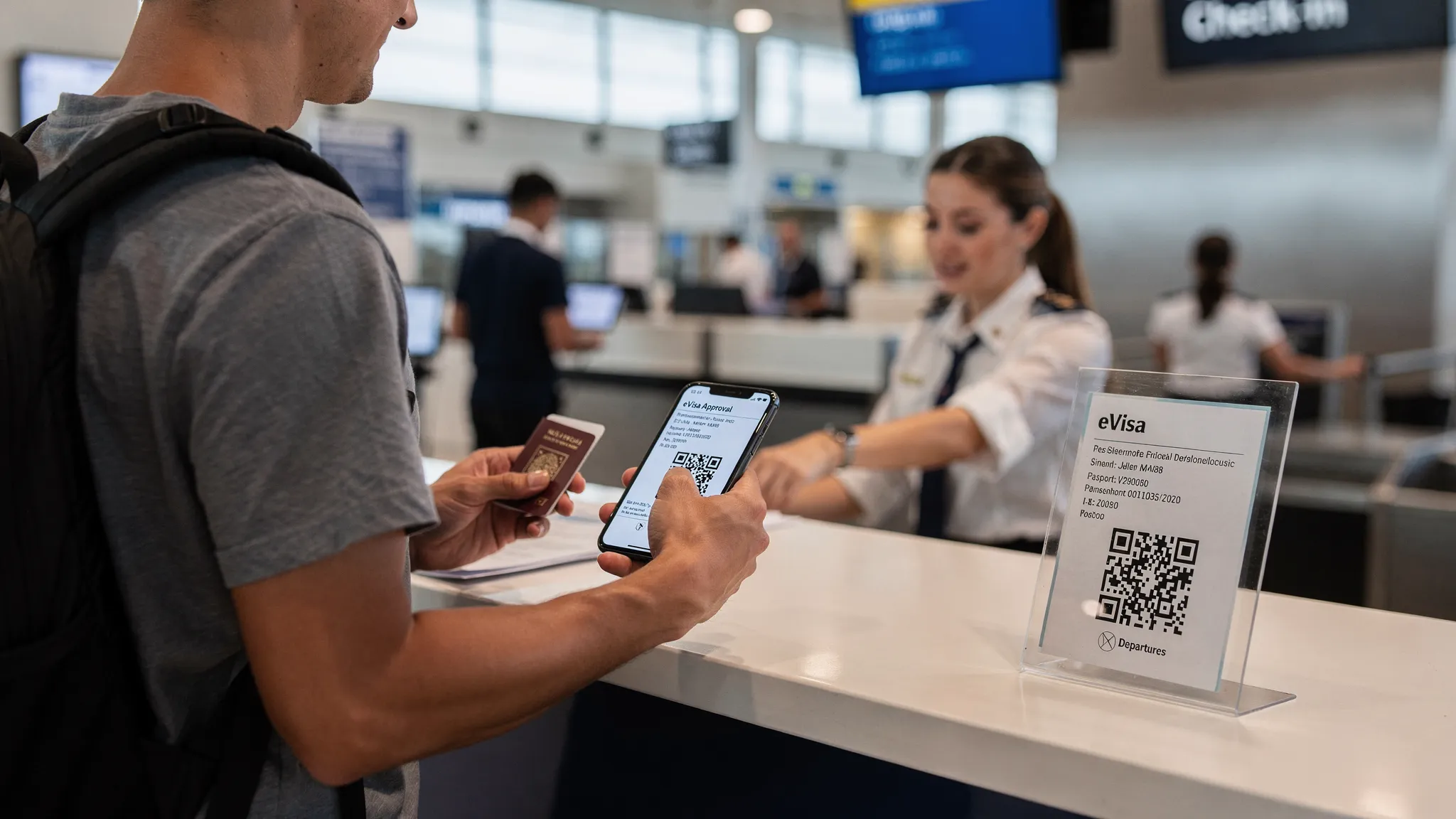 A traveler at an airport check-in counter holding a passport and a phone showing a clearly readable eVisa PDF with a QR code, while a printed paper copy is visible in a document sleeve on the counter.