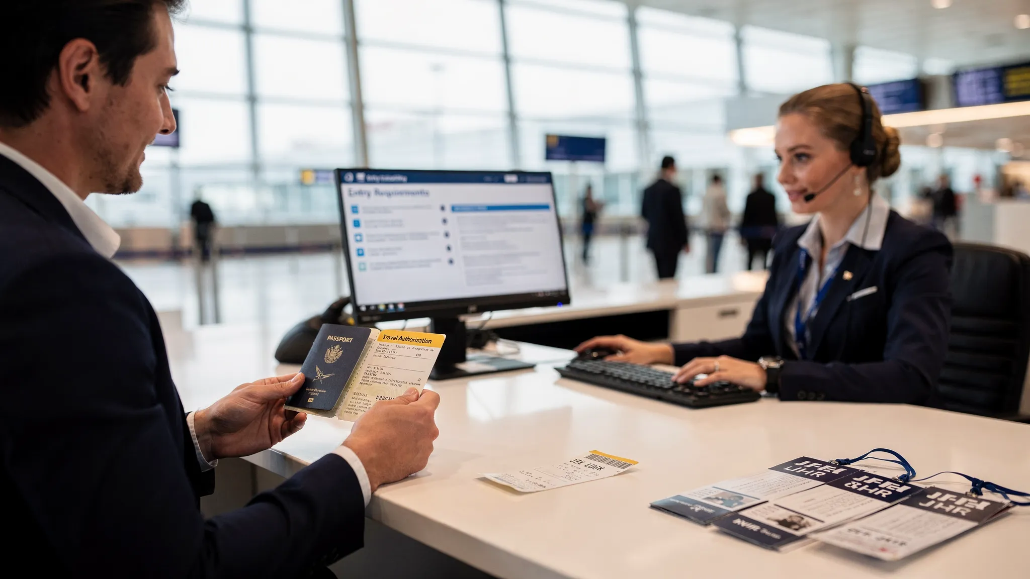 A traveler at an airport desk holding a passport and printed travel authorization while an airline agent checks entry requirements on a computer screen; nearby are a boarding pass and luggage tags.