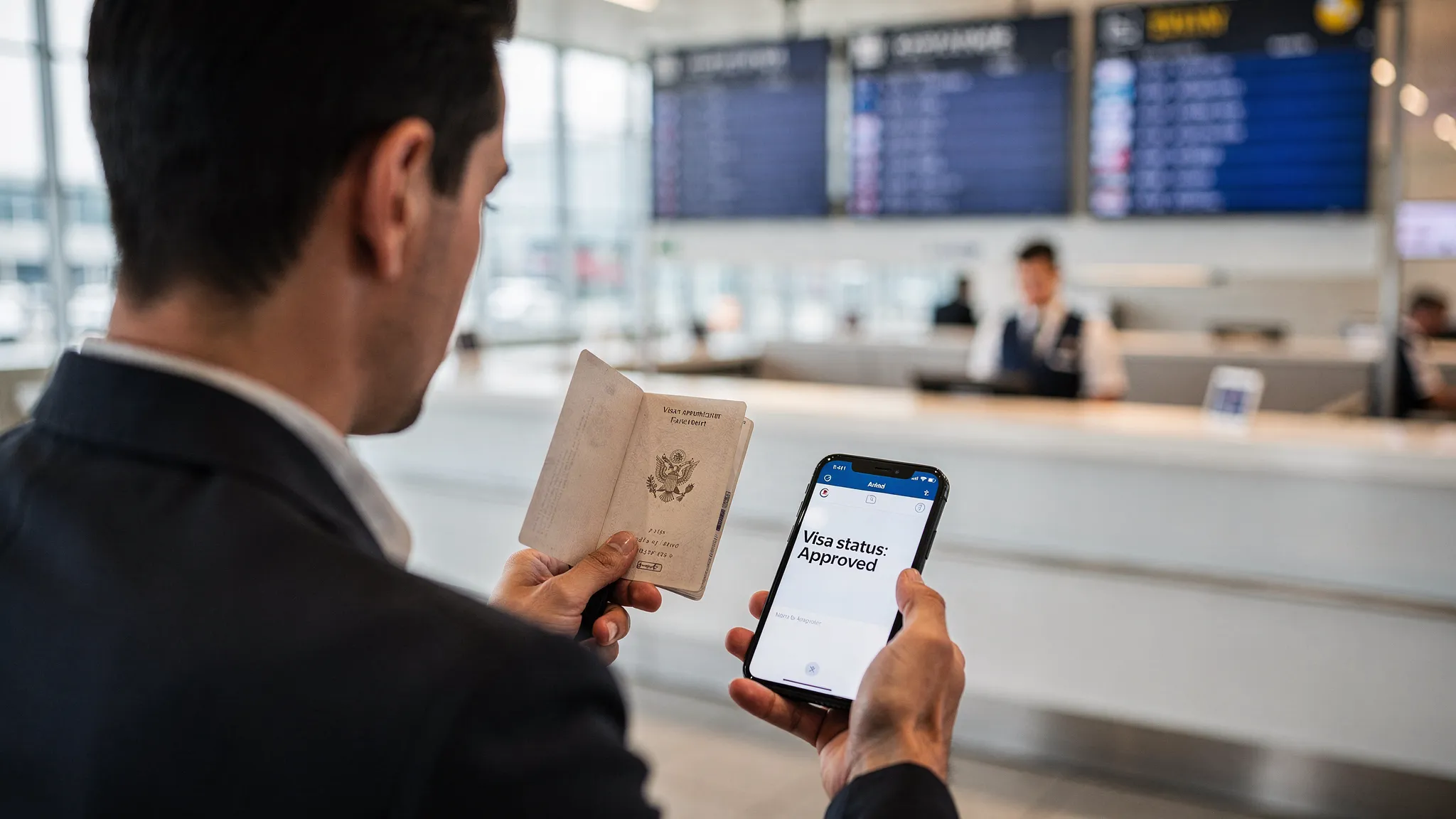 A traveler holding a passport and phone at an airport check-in counter, with the phone screen facing the traveler and showing a generic ‘Visa status: Approved’ confirmation (no real logos).
