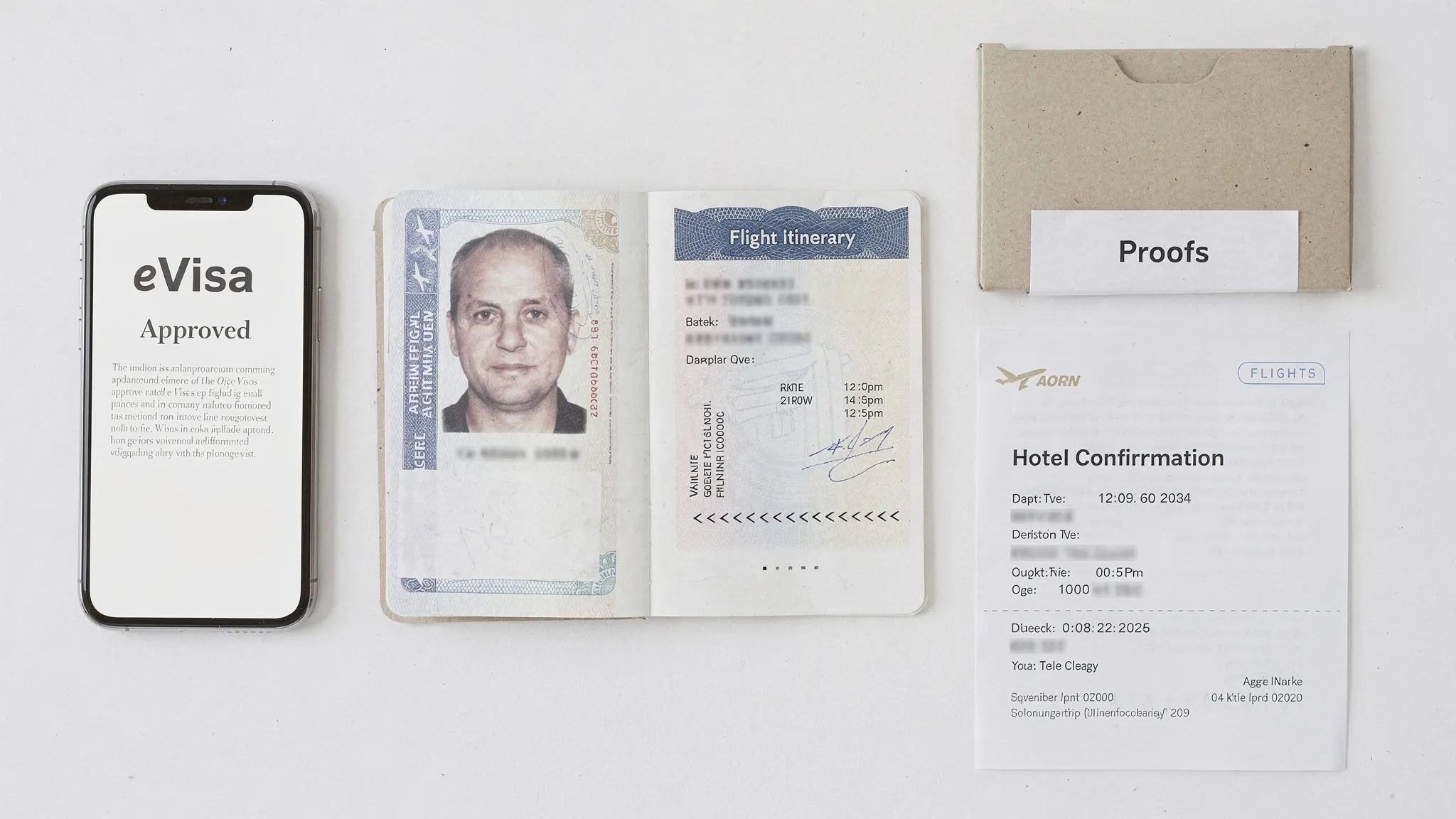 Flat lay of a traveler’s essentials: passport open to the photo page, a smartphone showing an approved eVisa PDF (screen facing upright), printed flight itinerary, hotel confirmation, and a small folder labeled “Proofs”.