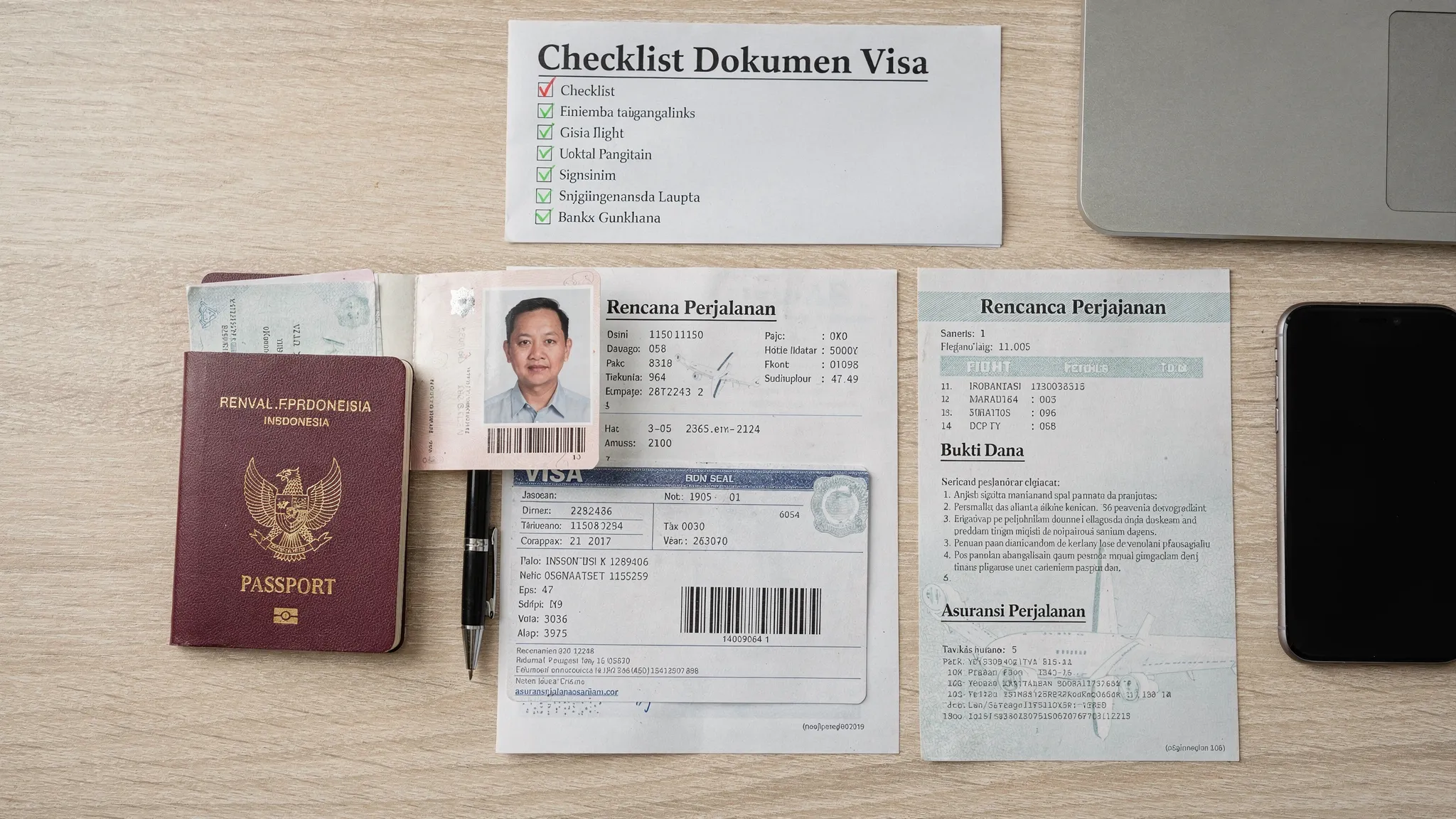 Ilustrasi checklist dokumen visa: paspor, foto digital, itinerary, bukti dana, dan asuransi yang ditata rapi di atas meja.