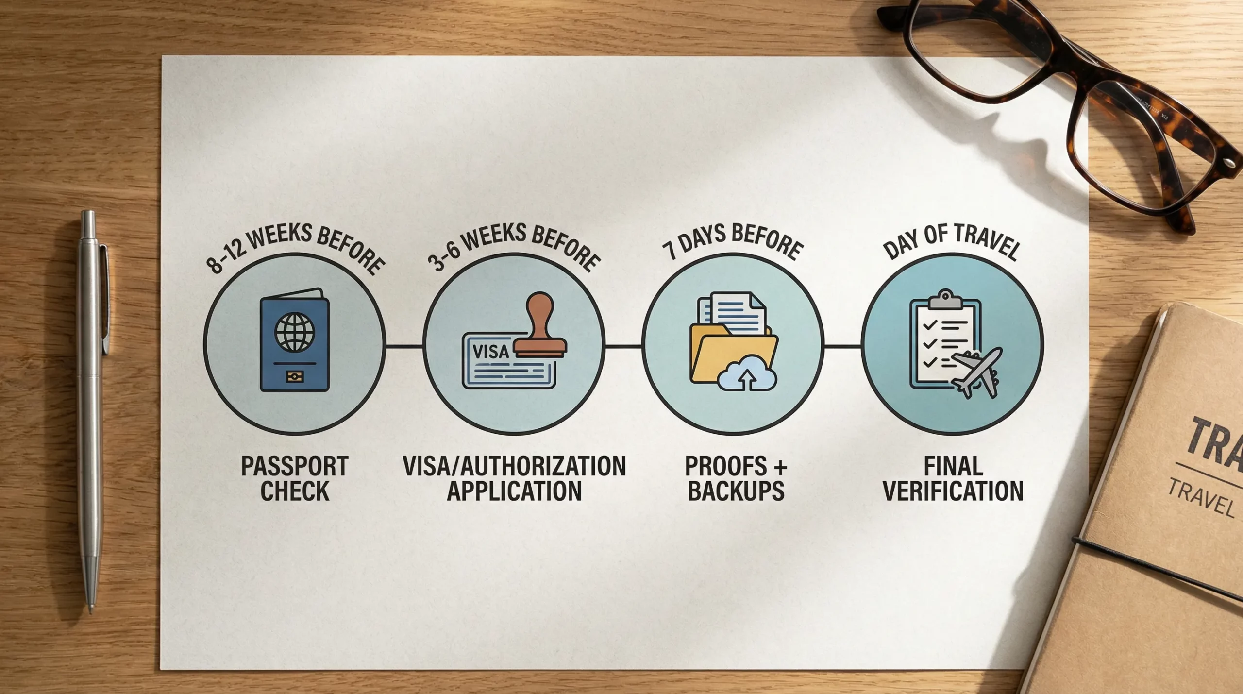 Simple travel document timeline graphic with four checkpoints: 8-12 weeks before (passport check), 3-6 weeks before (visa/authorization application), 7 days before (proofs + backups), day of travel (final verification).
