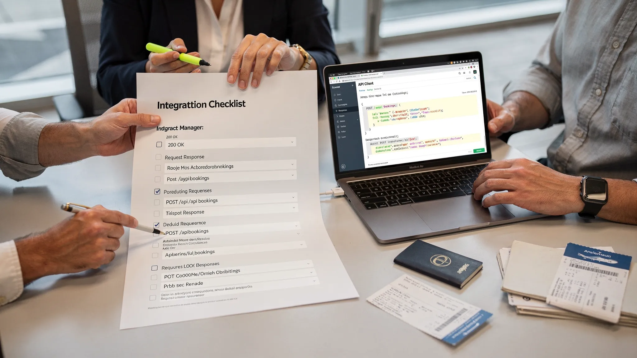 Tabletop scene of a product manager, engineer, and compliance specialist reviewing a printed integration checklist and a laptop showing API request and response examples, with travel documents like a passport and boarding pass nearby.