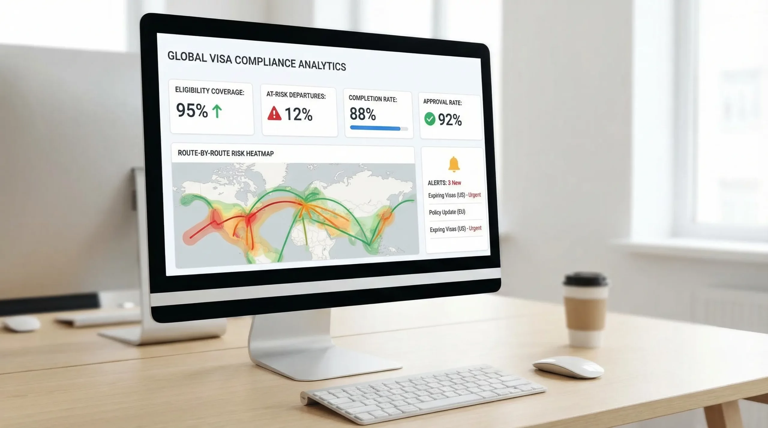 A clean analytics dashboard layout for visa compliance metrics, showing tiles for eligibility coverage, at-risk departures, completion rate, approval rate, and a route-by-route risk heatmap with a small alerts panel.
