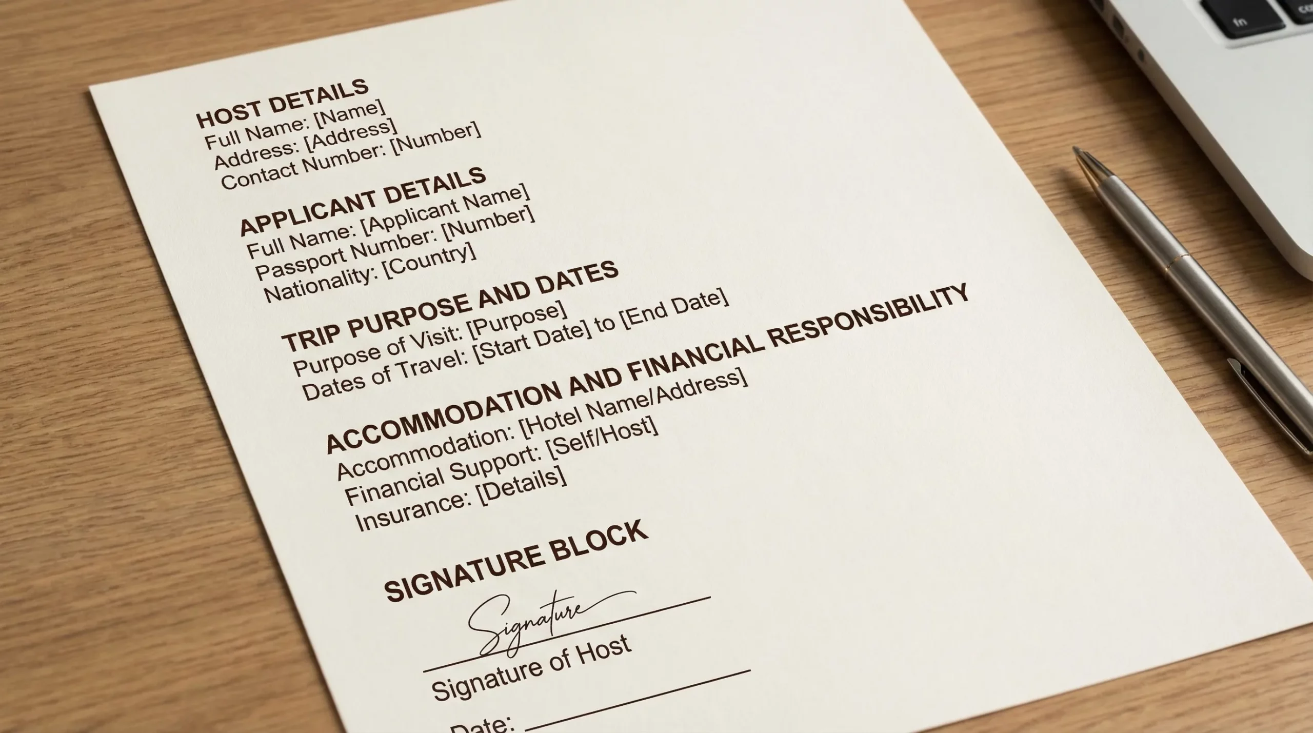 A clean one-page invitation letter layout with labeled sections: host details, applicant details, trip purpose and dates, accommodation and financial responsibility, signature block.