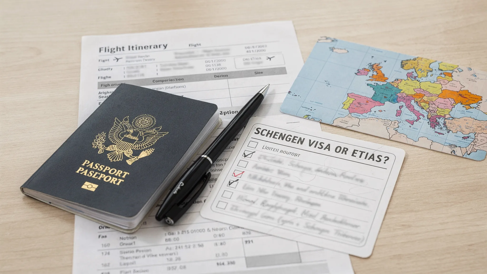 A clean travel planning scene showing a traveler’s passport, printed flight itinerary, and a checklist card labeled “Schengen Visa or ETIAS?” next to a small European map with highlighted Schengen countries.