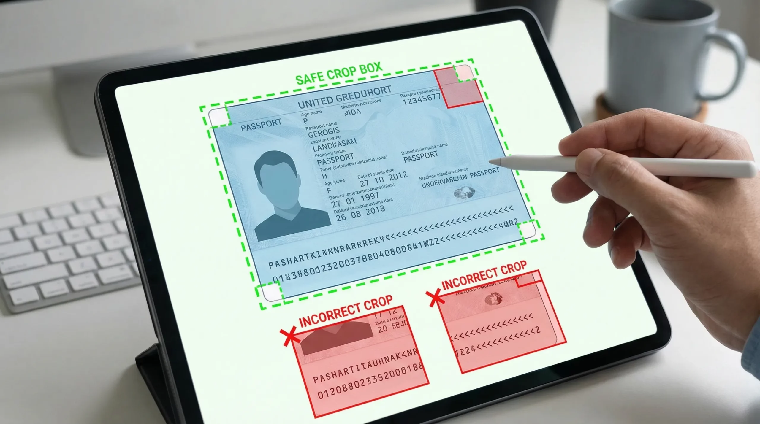 A clear diagram of a passport bio-data page showing the MRZ area highlighted at the bottom, with a “safe crop” box that includes all four corners and a small margin around the page, plus examples of incorrect crops that cut off the MRZ or corners.