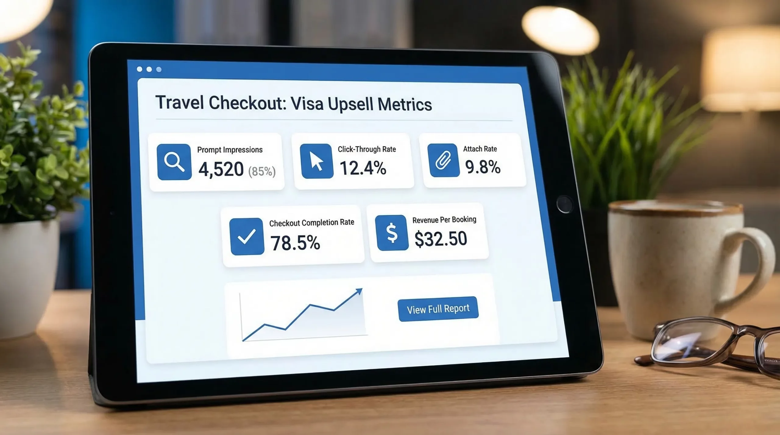 A compact analytics dashboard mockup for a travel checkout showing key visa upsell metrics: prompt impressions, click-through rate, attach rate, checkout completion rate, and revenue per booking.