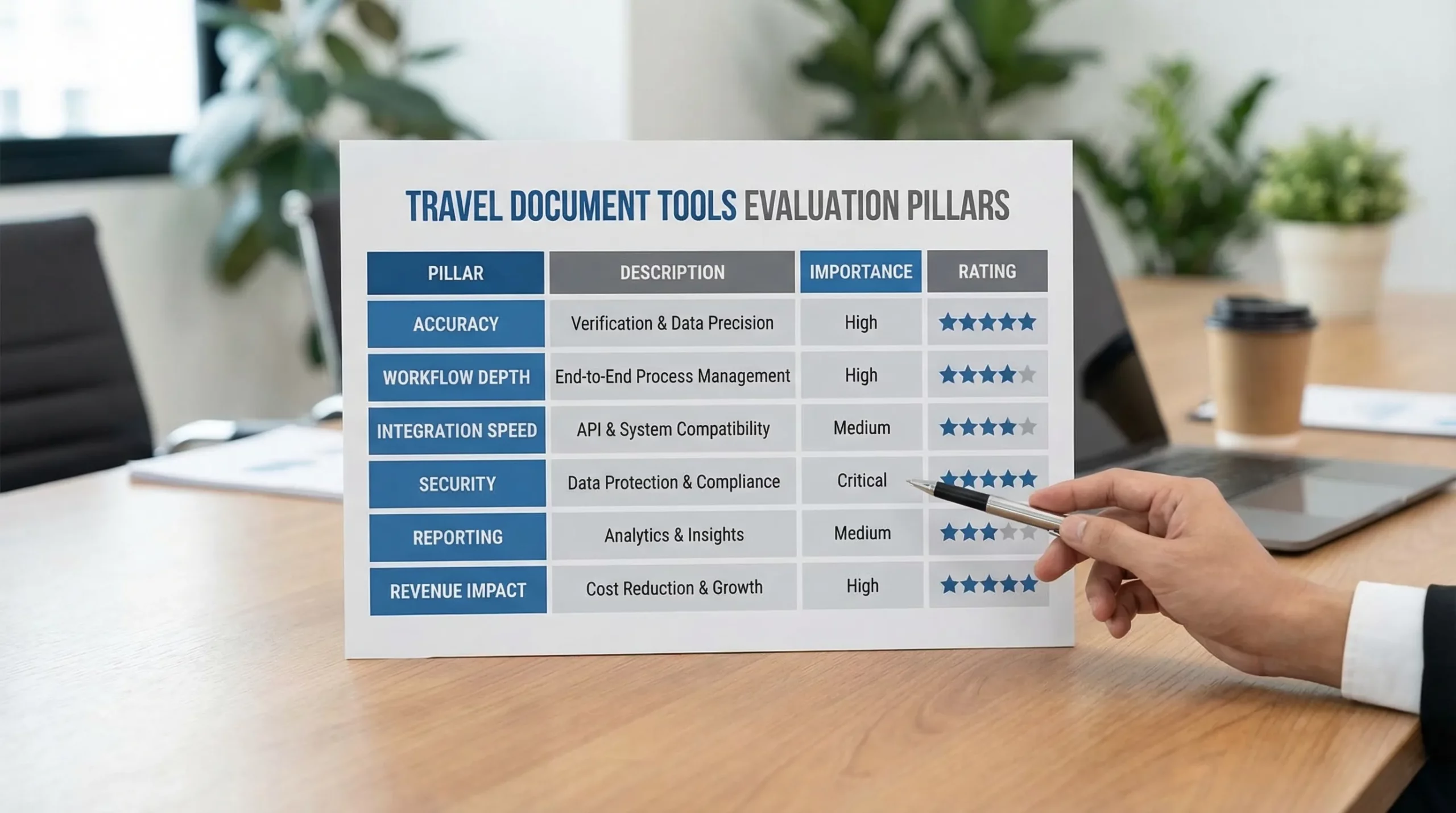 A comparison table graphic showing key evaluation pillars for travel document tools: accuracy, workflow depth, integration speed, security, reporting, and revenue impact.