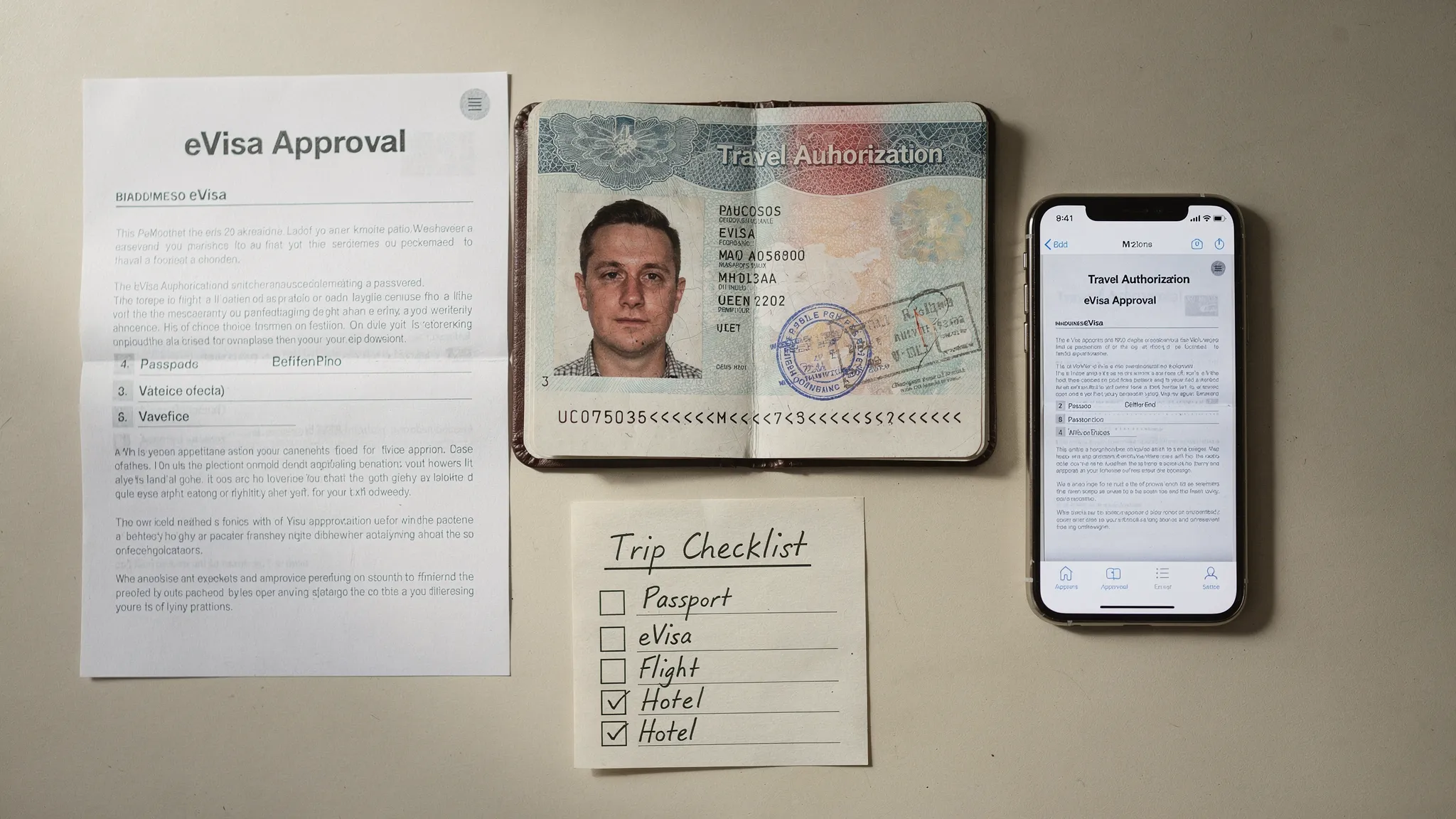 A flat lay of travel documents: passport open to the photo page, a printed eVisa approval page, a phone showing a PDF of the authorization, and a short checklist on paper.