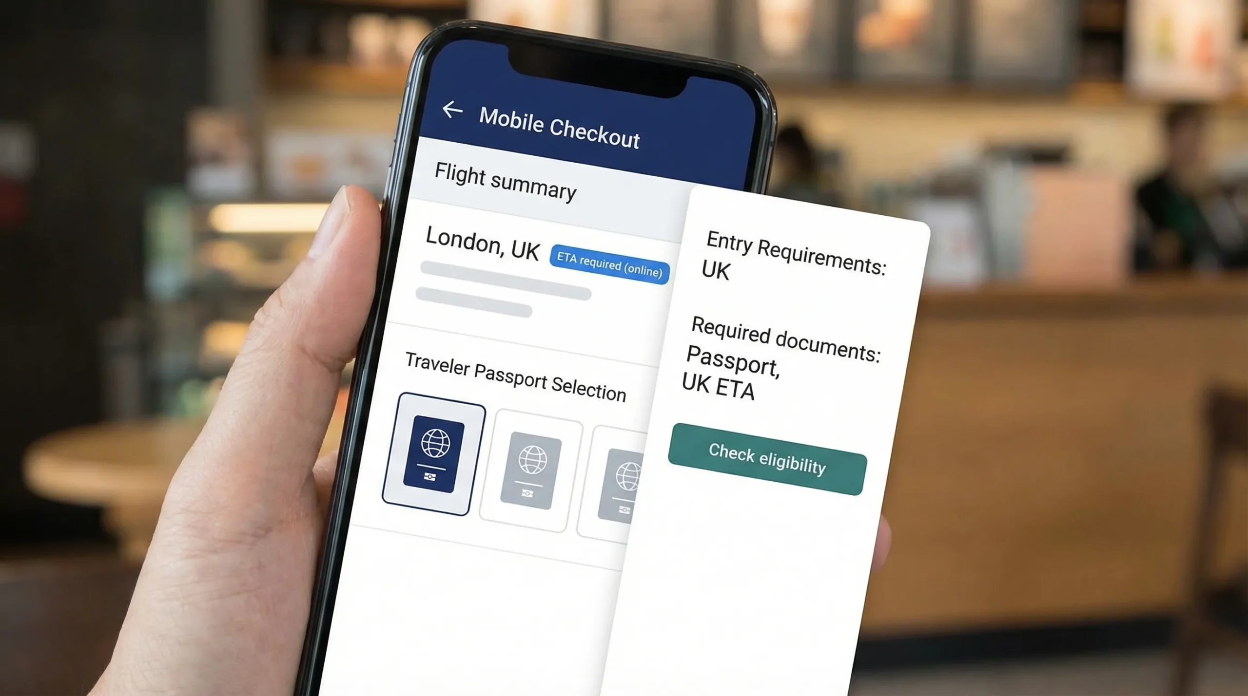 A mobile checkout screen mockup with traveler passport selection and a small “ETA required (online)” badge next to the destination. A side panel is open showing a short summary, required documents, and a “Check eligibility” button.