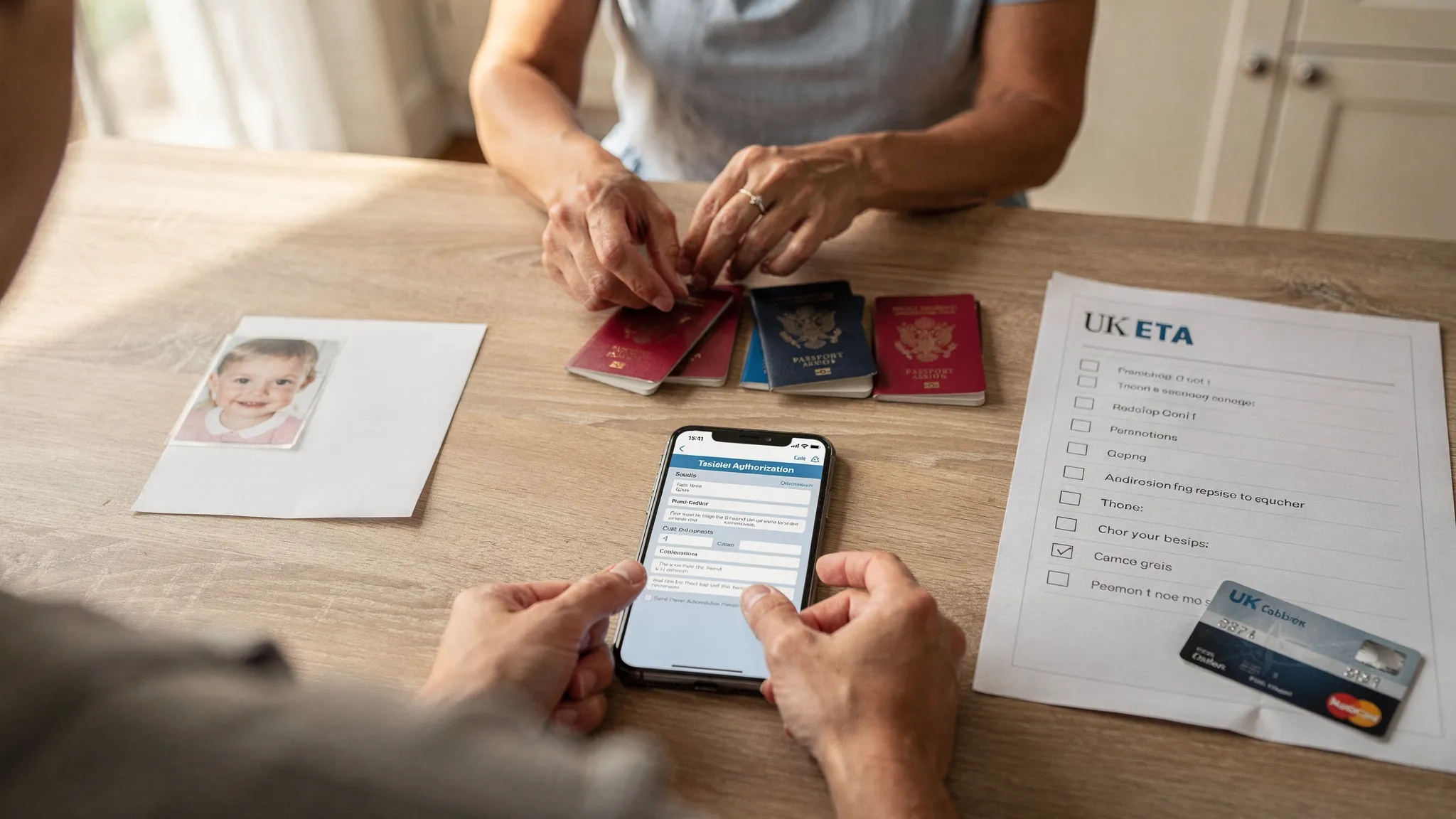 A parent at a kitchen table organizing four passports, a phone showing a travel authorization application screen (screen facing the viewer), and a simple checklist labeled “UK ETA”. The scene includes a child’s passport photo being prepared and a credit card placed nearby for the fee payment.