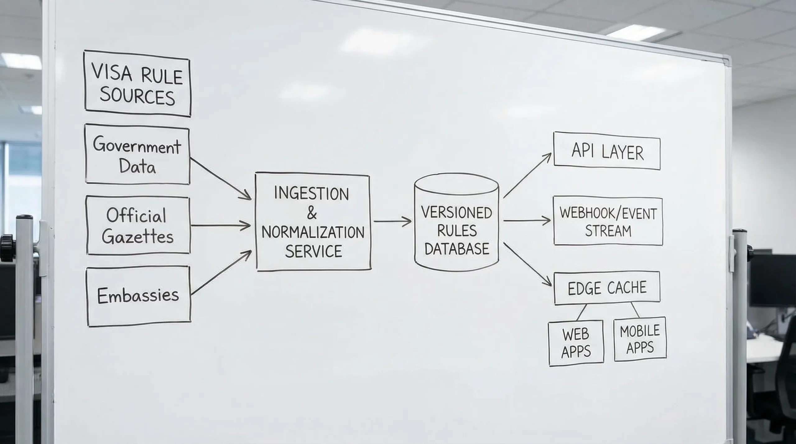 A simple architecture diagram showing visa rule sources flowing into an ingestion and normalization service, then into a versioned rules database, with outputs to an API layer, a webhook/event stream, and an edge cache used by web and mobile apps.