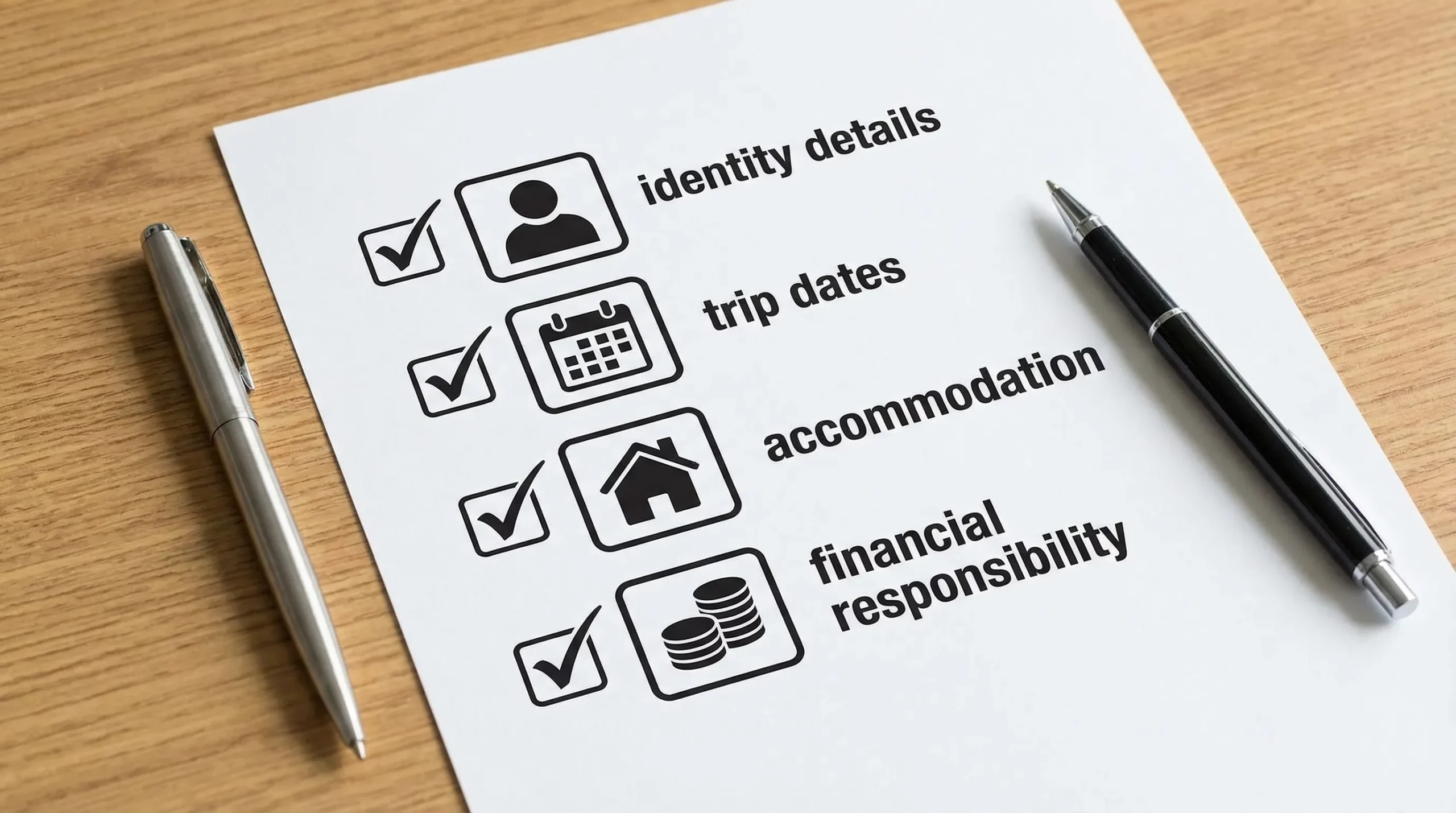 A simple checklist graphic showing four icons labeled: identity details, trip dates, accommodation, financial responsibility, indicating the key elements a visa invitation letter should cover.