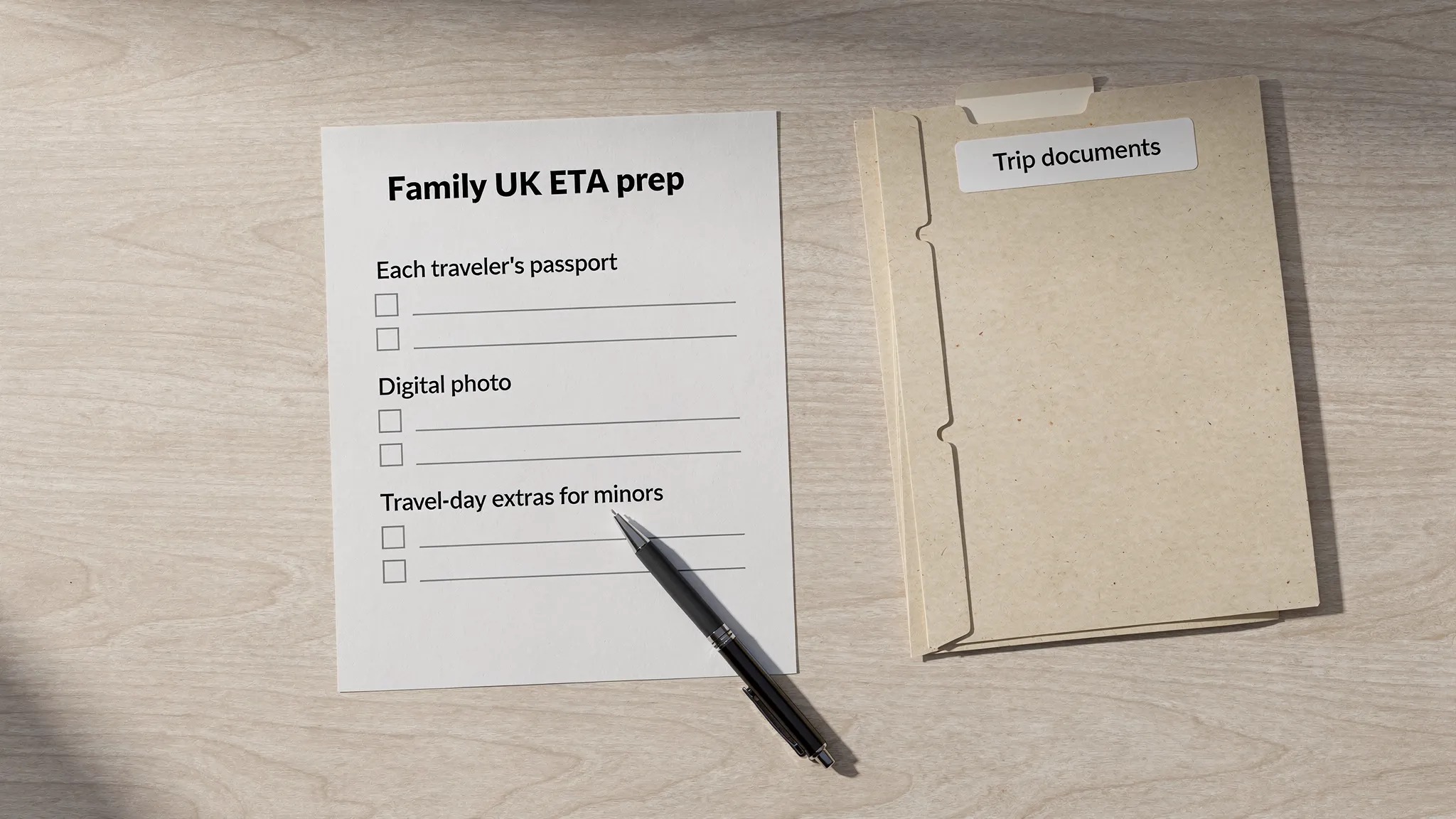 A simple “Family UK ETA prep” checklist on paper with sections for “Each traveler’s passport,” “Digital photo,” “Payment method,” and “Travel-day extras for minors,” next to a folder labeled “Trip documents.”