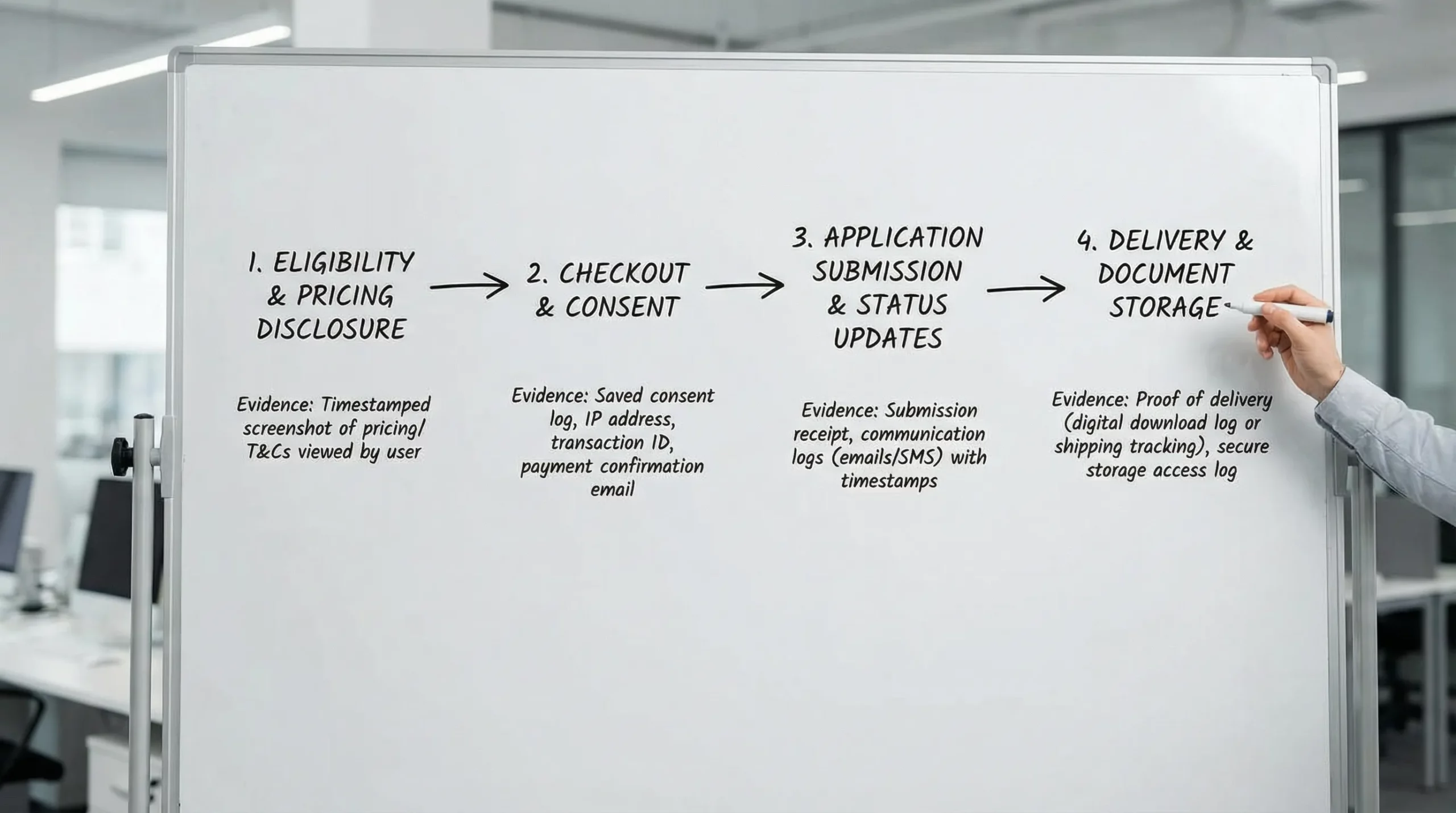 A simple flow diagram showing a visa purchase journey with four stages: Eligibility and pricing disclosure, Checkout and consent, Application submission and status updates, Delivery and document storage. Each stage includes a small callout for what evidence to log to prevent chargebacks.